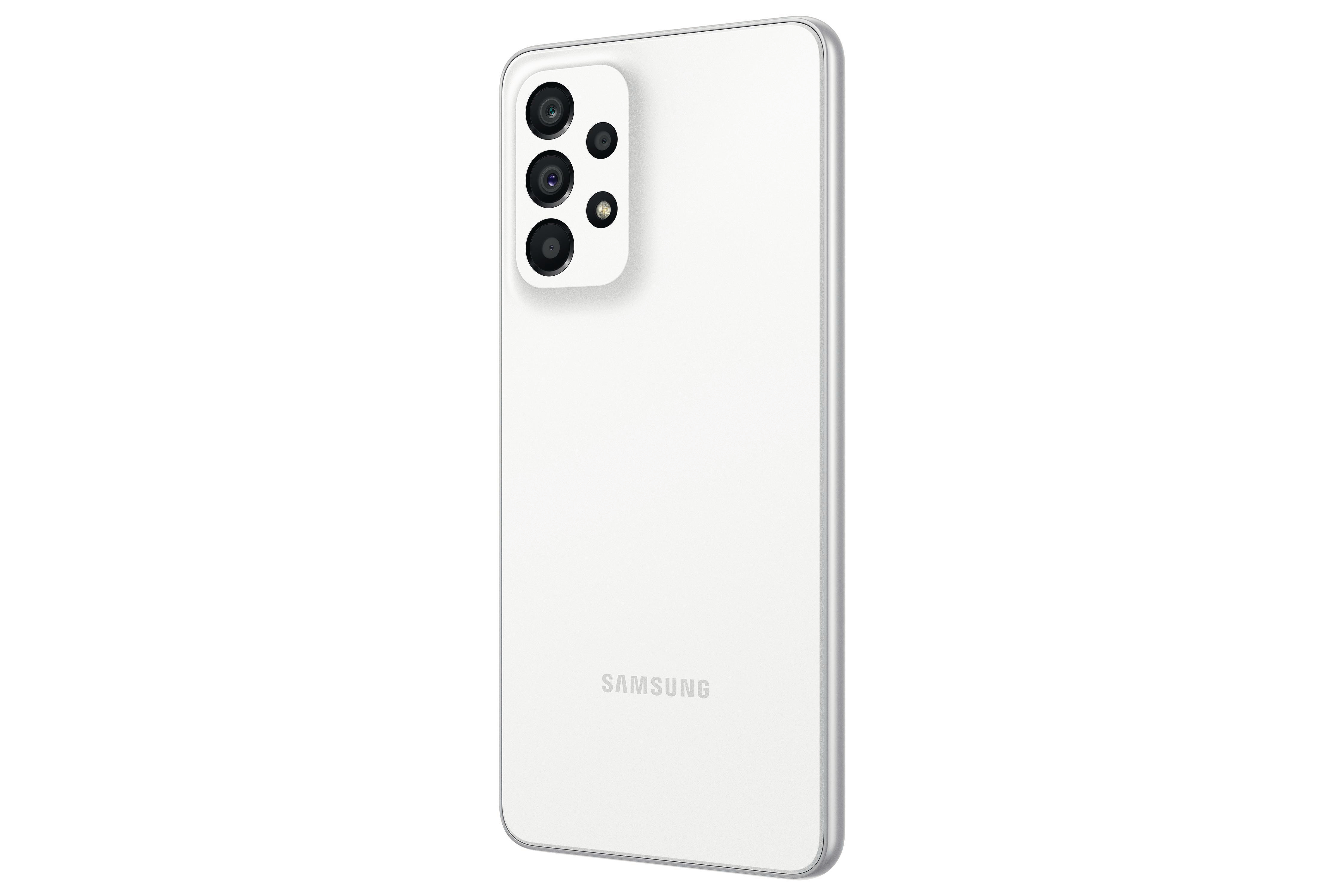 Weißes Samsung-Smartphone, Rückansicht. Enthält mehrere Kameras. Das Samsung-Logo unten.