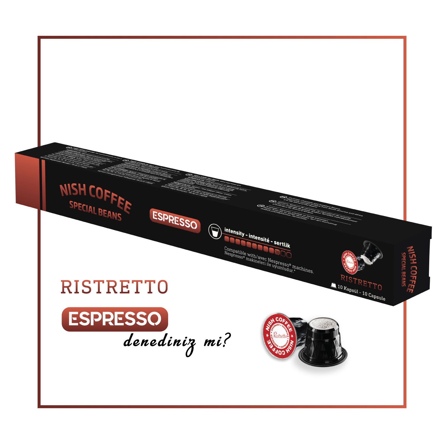 Espresso kahve kapsülü kutusu, siyah ve kahverengi, metin ve kapsüllerle.