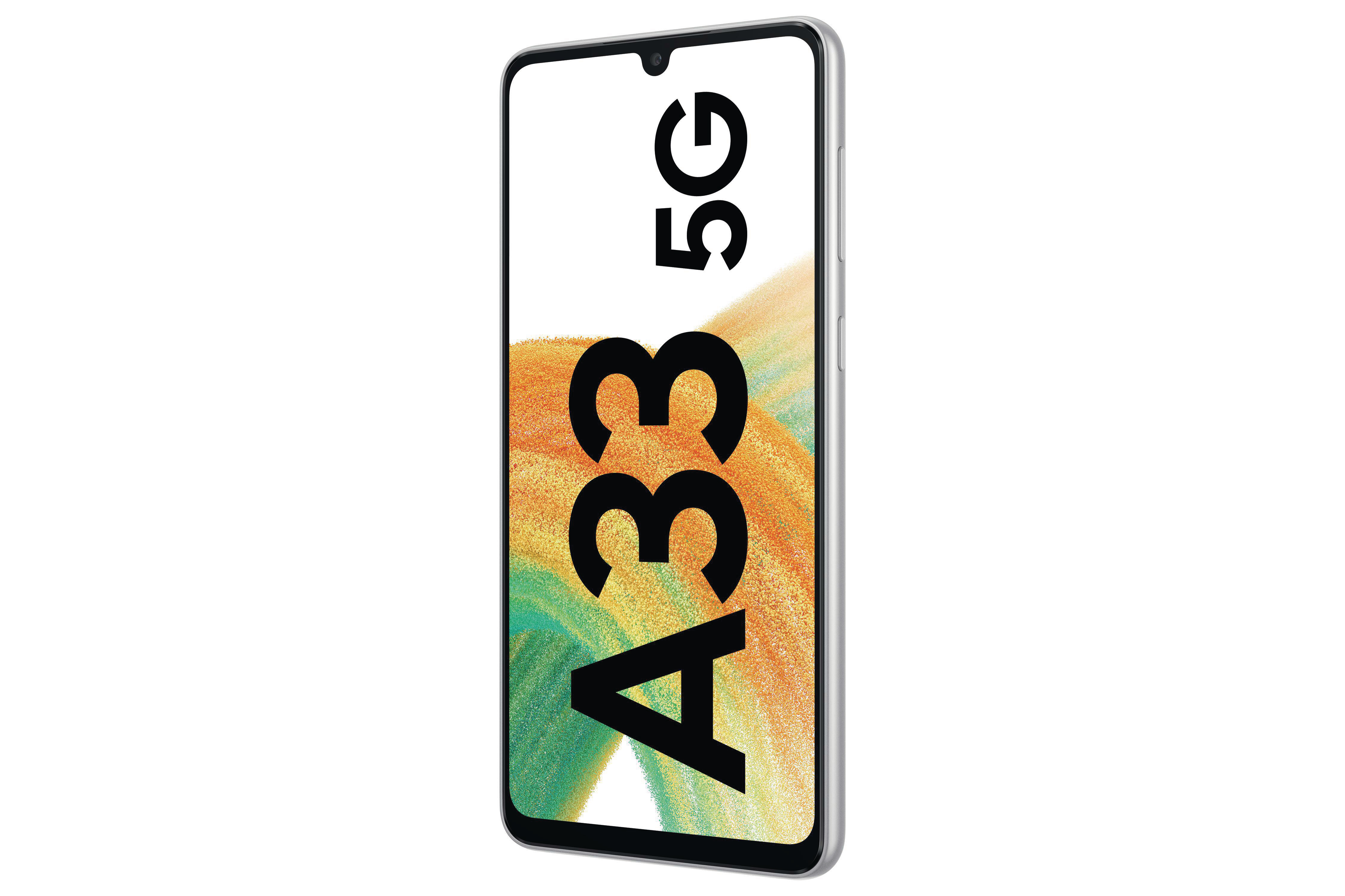 Ein silbernes Samsung-Telefon mit großem Bildschirm und 5G-Label.