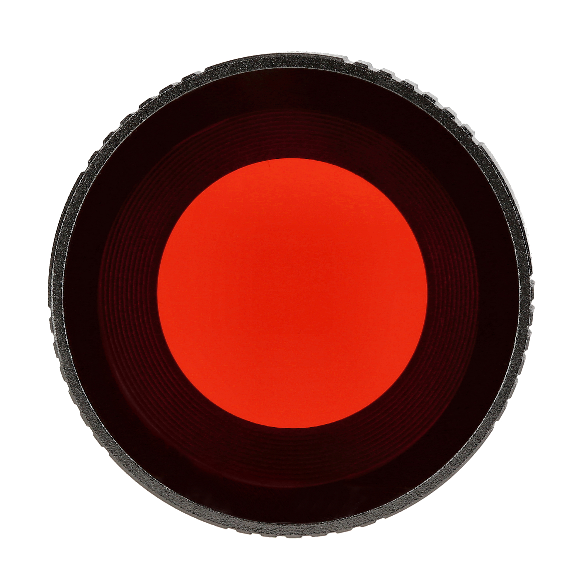 Ein kreisförmiger roter Filter mit schwarzem Rand, isoliert auf weißem Hintergrund.