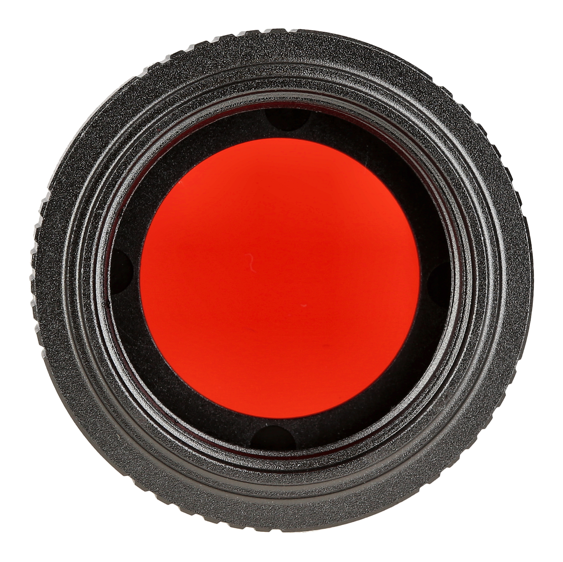 Ein schwarzer Filter für ein Kameraobjektiv. Der Filter hat ein rotes Zentrum und ist kreisförmig.