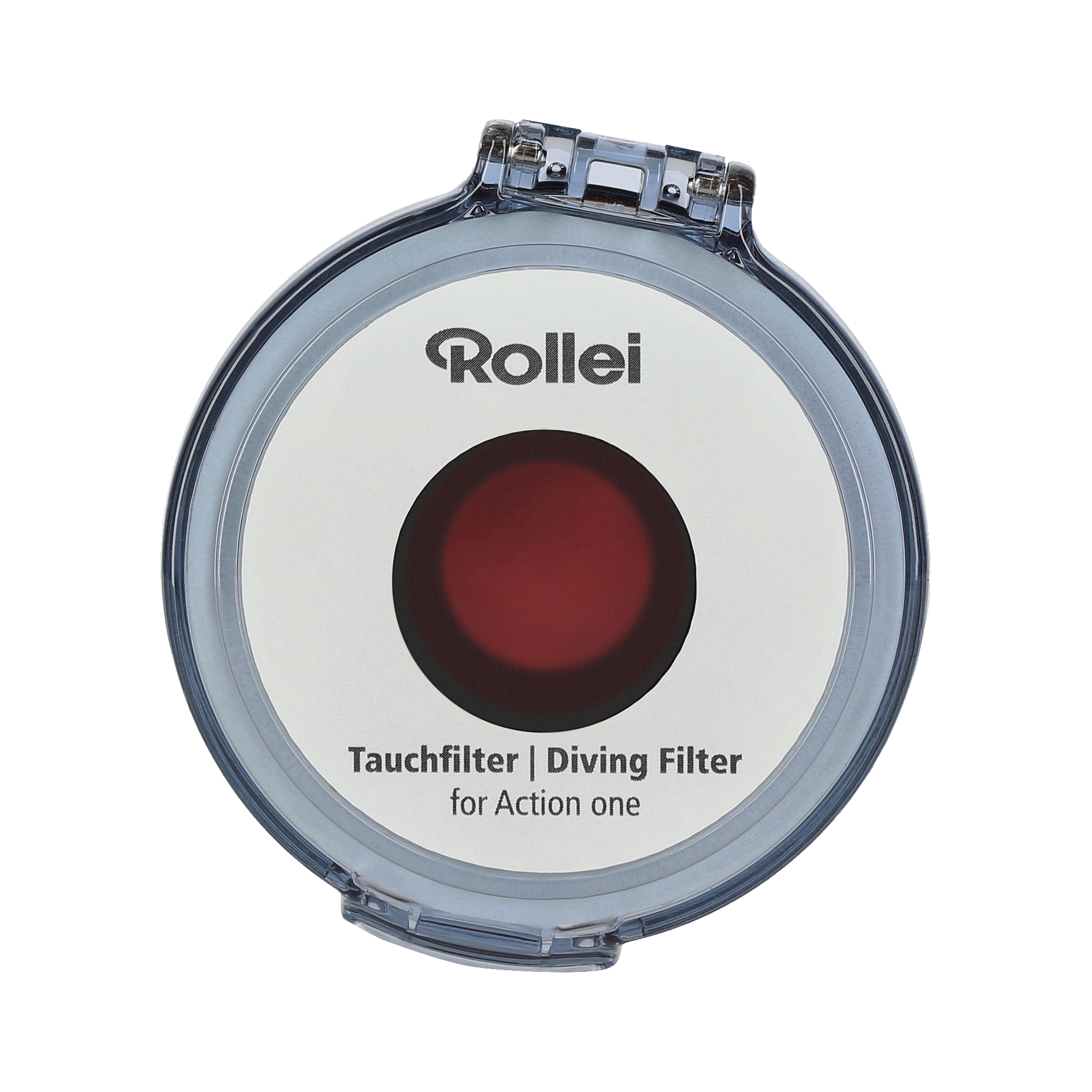 Rollei Tauchfilter für Action One Kamera, in einem transparenten Gehäuse.