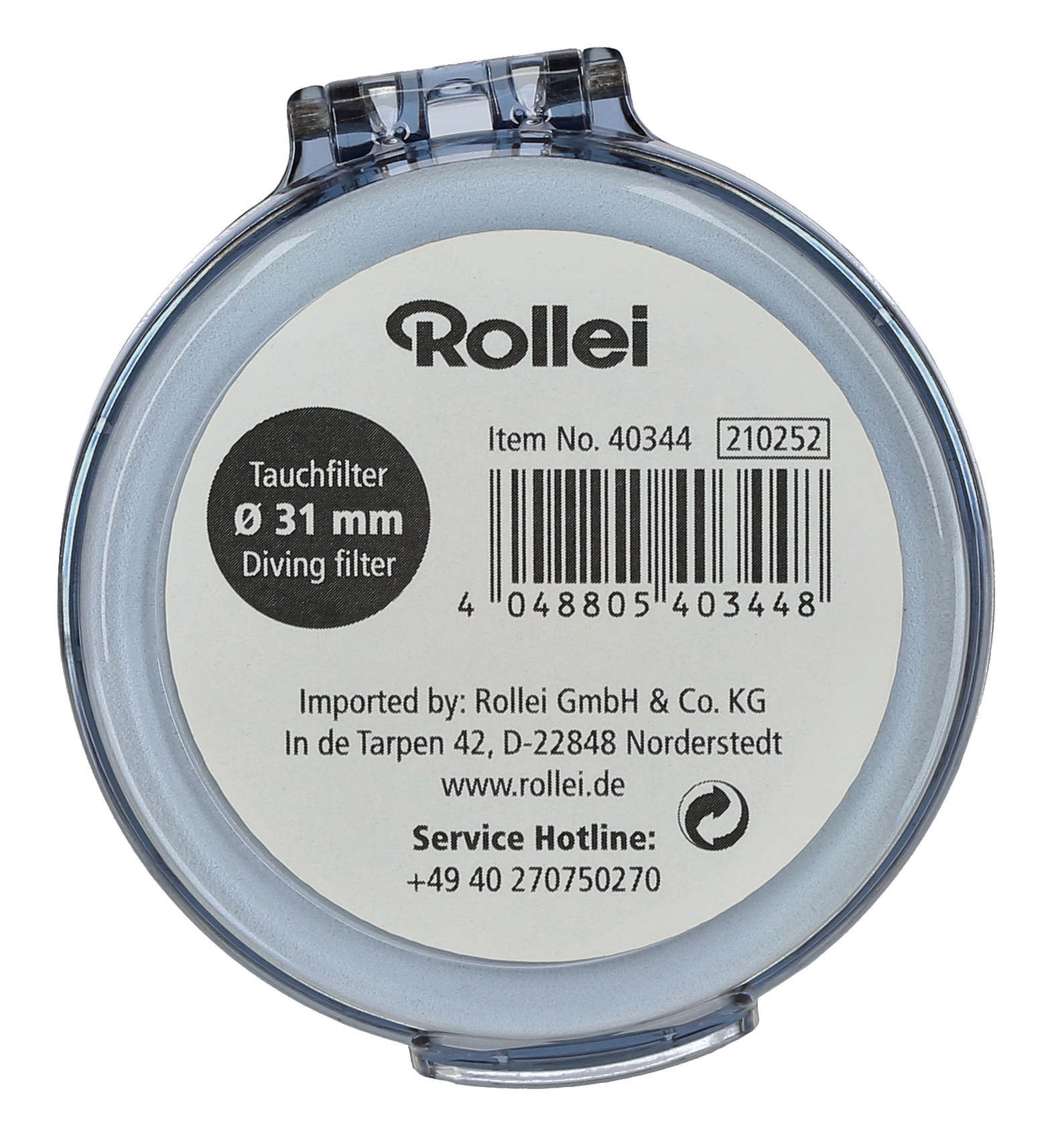 Runder Filter in einer transparenten Kunststoffhülle. Text- und Barcode-Etikett mit Rollei-Marke.