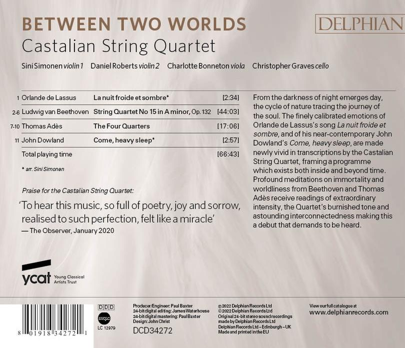 Albumcover mit Text über ein Streichquartett. Enthält Namen von Musikern und Liedern.