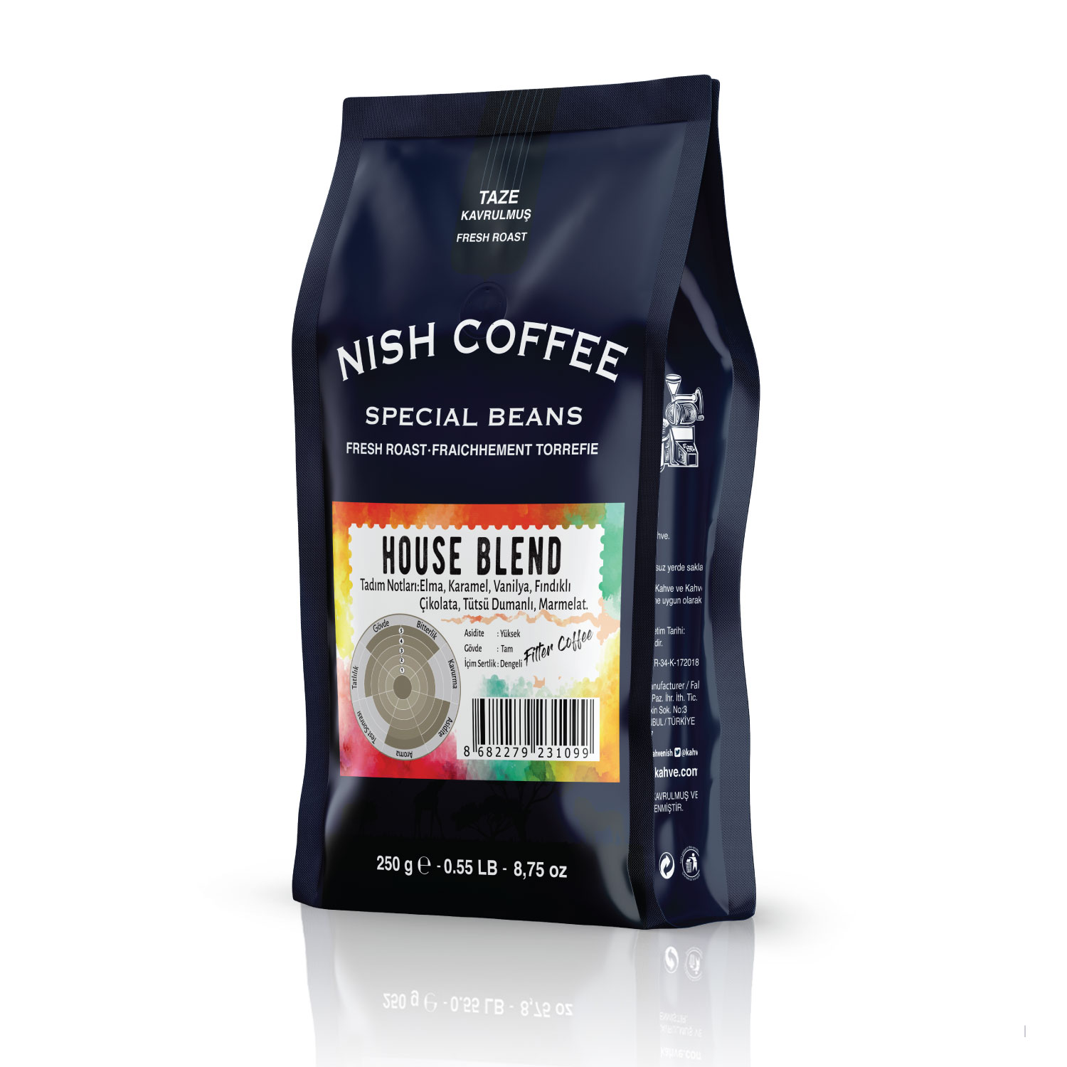 Renkli bir etiketle Nish Coffee, House Blend çantası. Çanta siyah.