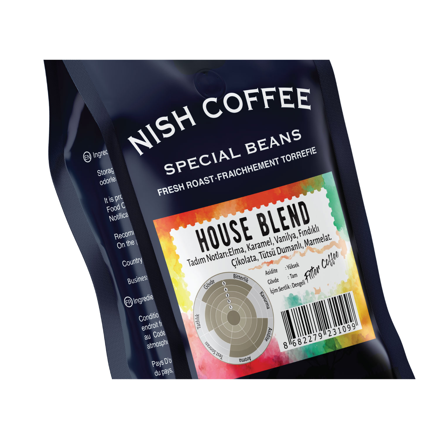 Nish Coffee House Blend çantası. Koyu mavi, kahve çekirdekleri, beyaz zemin.
