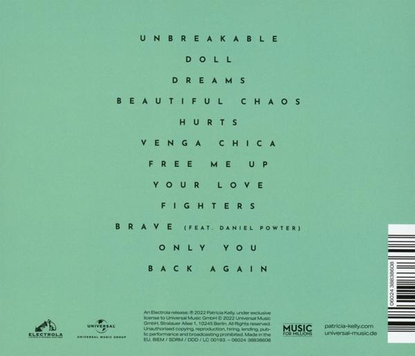 Album-Rückseite, türkisblauer Hintergrund mit Songtiteln wie: Unbreakable, Doll, Dreams.