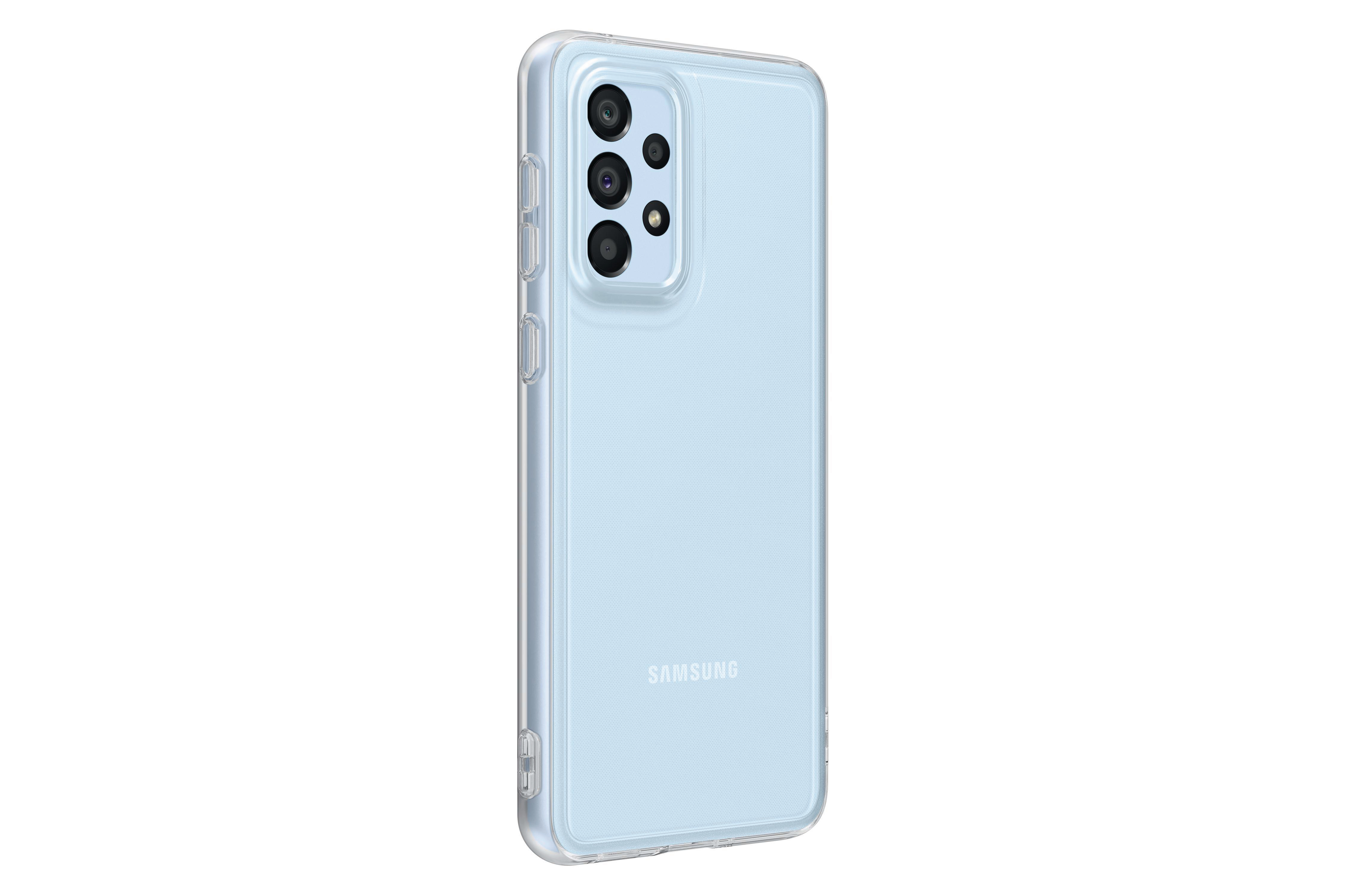 Blaues Smartphone mit transparentem Gehäuse, Rückansicht, zeigt Kameralinsen und Samsung-Logo.