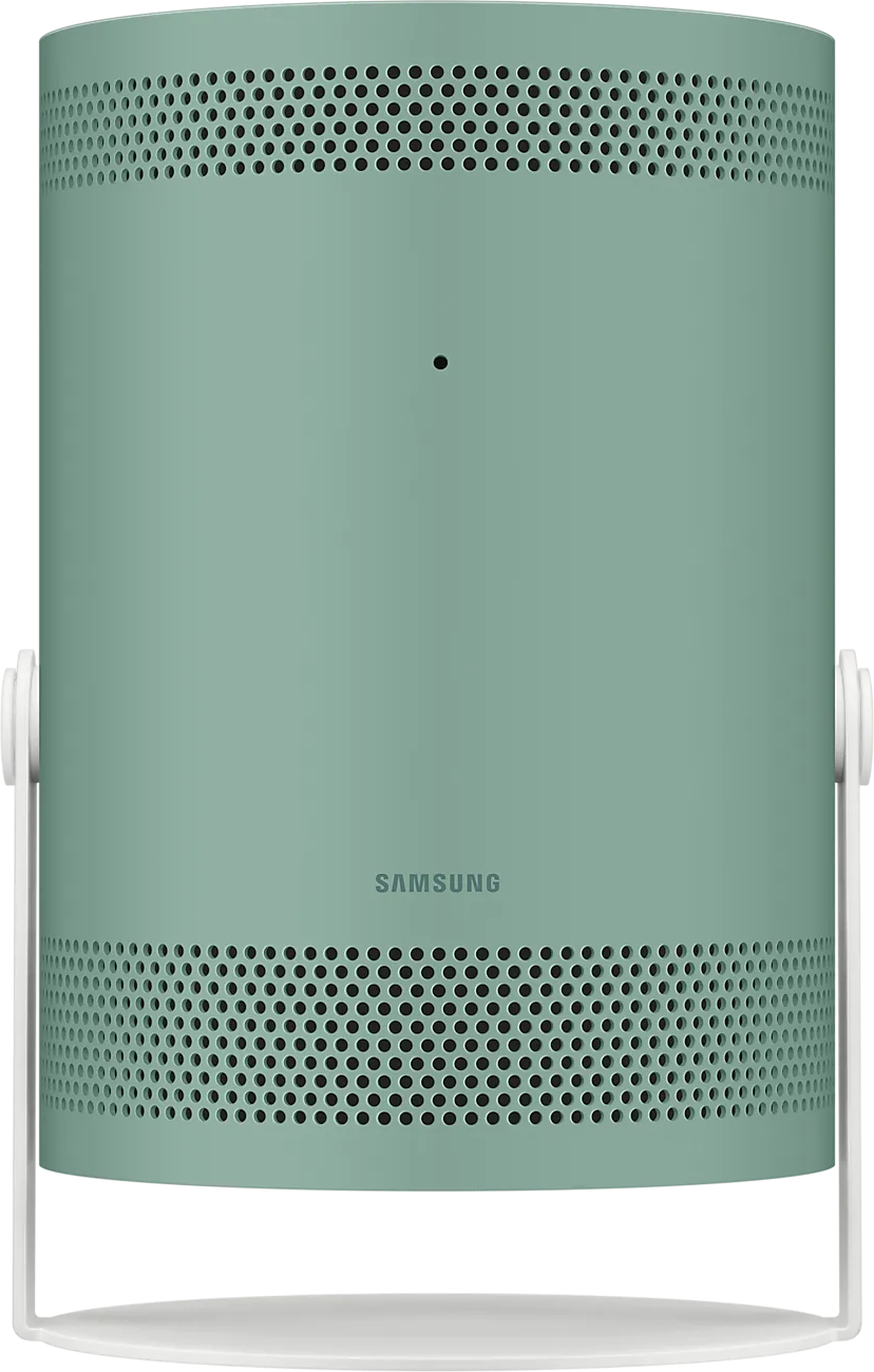Grüner zylindrischer Lautsprecher. Perforiertes Design mit Löchern. Weiße Griffe. Samsung-Logo.