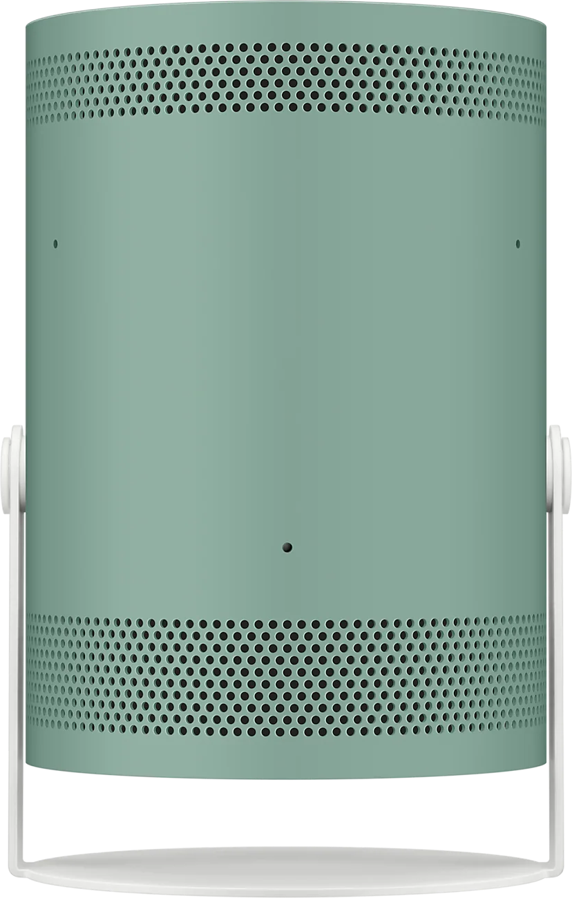 Zylindrischer Lautsprecher, mintgrün. Mit perforierten Löchern und weißen Griffen.