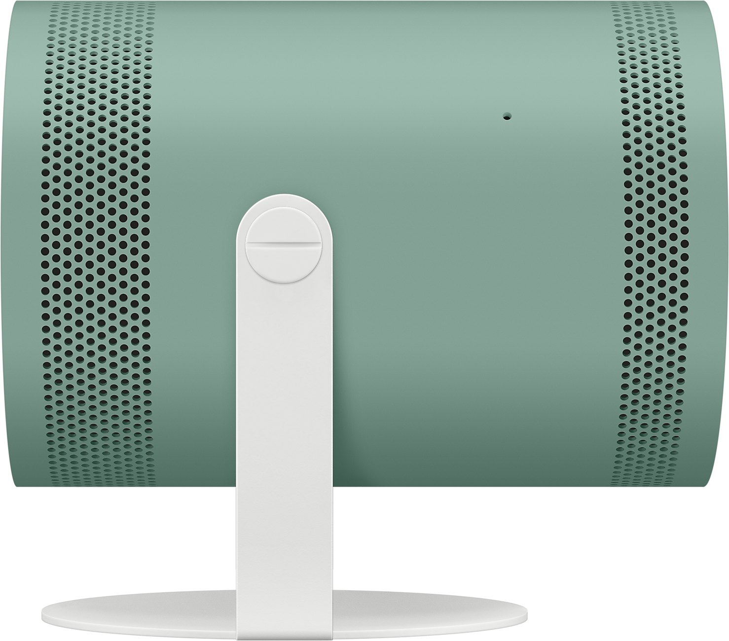 Ein grüner Lautsprecher mit weißem Ständer, mit Perforationen und zylindrischem Design.