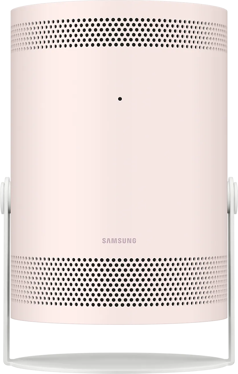 Ein zylindrischer, hellrosa Samsung-Projektor mit schwarzen Perforationen und Griffen.