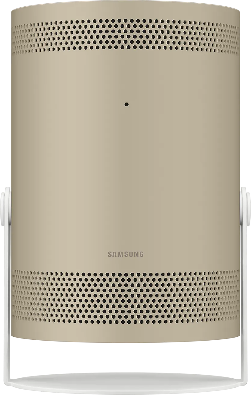 Beiger Samsung-Lautsprecher. Zylindrische Form mit einer Reihe von Löchern an der Ober- und Unterseite.