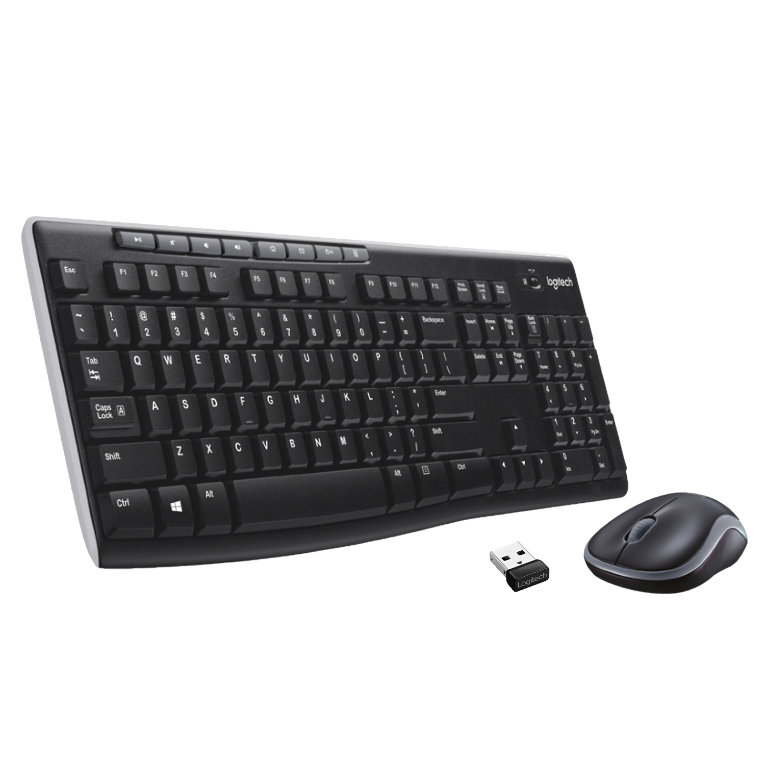 Ensemble clavier et souris noirs. Clavier avec touches et récepteur USB.