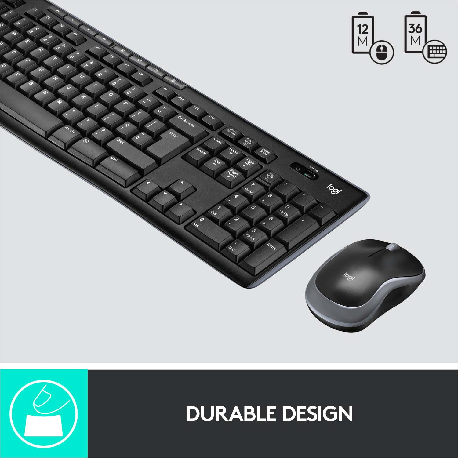 Combo clavier et souris noir. Le clavier a beaucoup de touches et une souris.