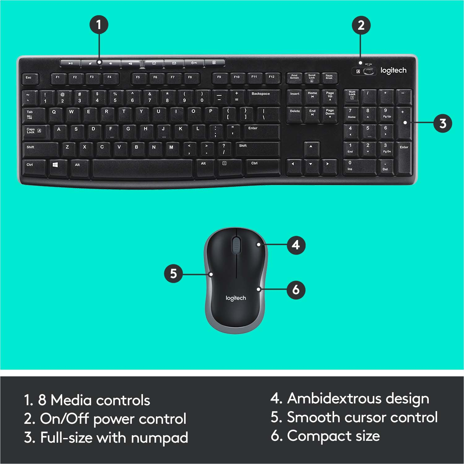 Ensemble clavier et souris Logitech noirs. Le clavier a des touches et un pavé numérique. La souris a des boutons.