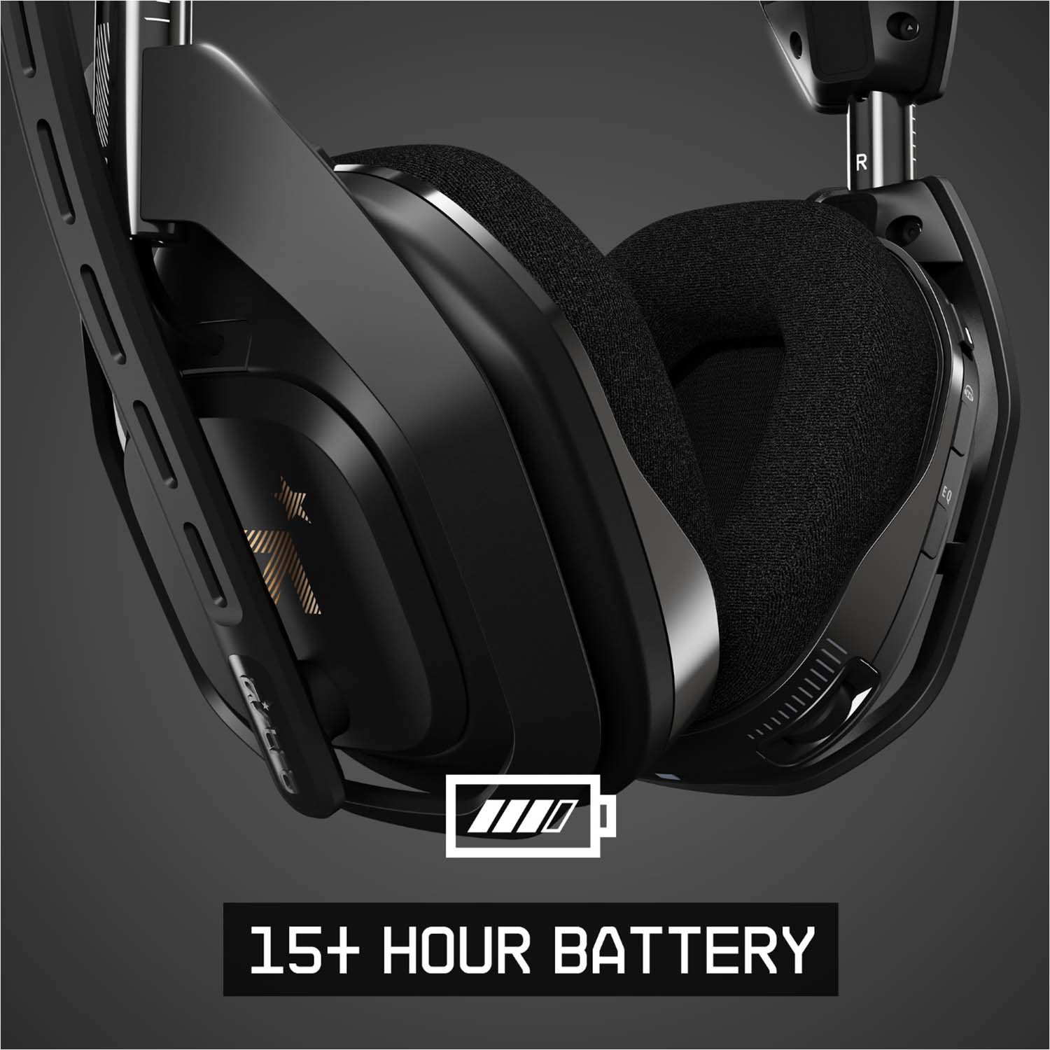 Casque de jeu noir avec indicateur de batterie et texte : BATTERIE 15+ HEURES.