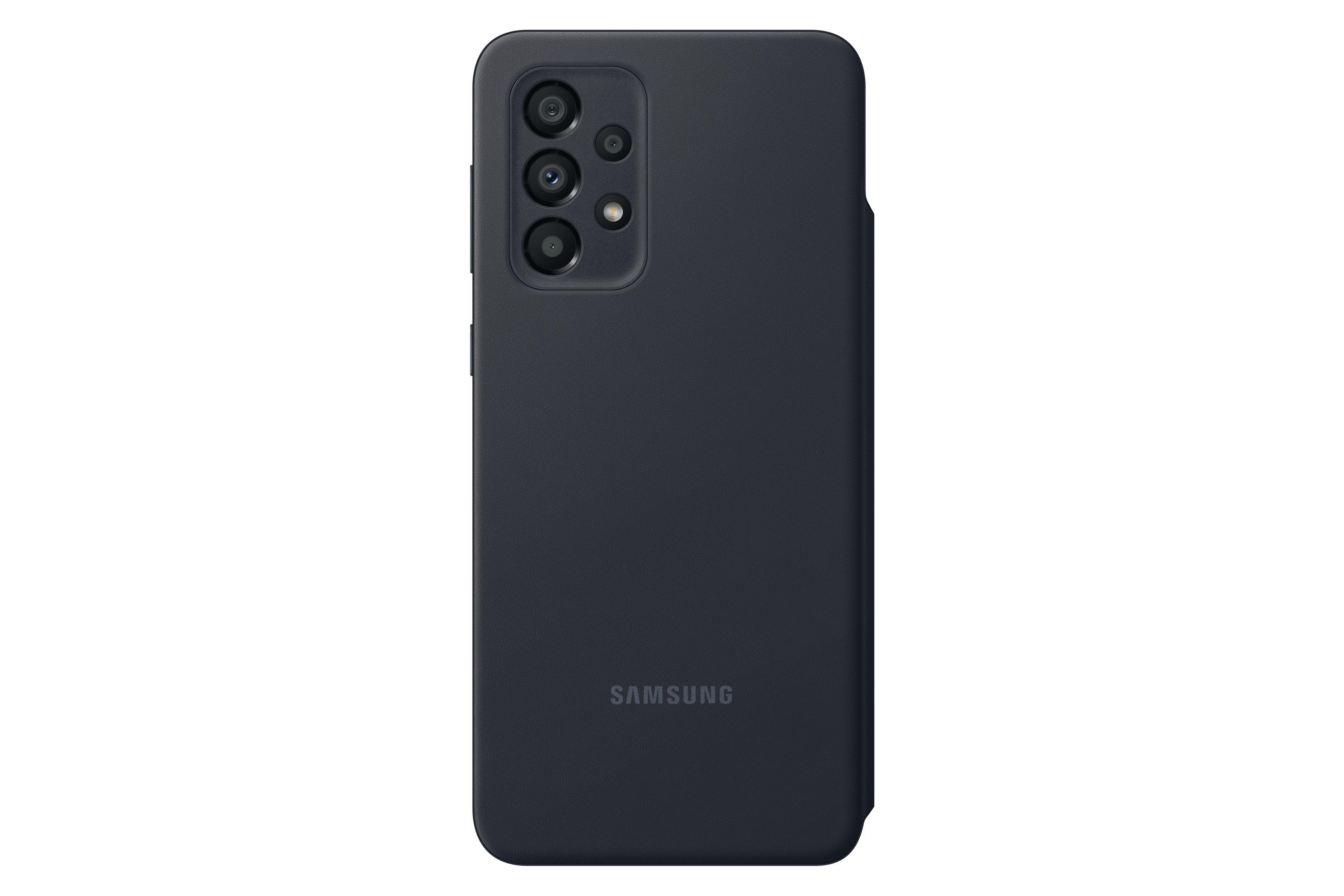 Schwarze Handyhülle auf weißem Hintergrund. Es hat Kameraausschnitte und das Samsung-Logo.