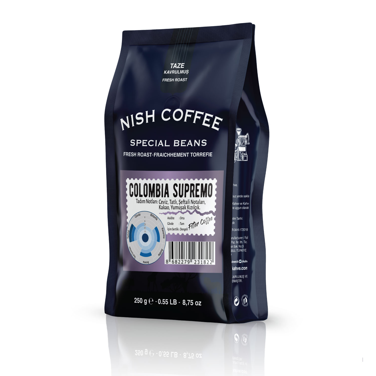 'Nish Coffee' etiketli, 'Colombia Supremo' ve grafikli kahve poşeti, beyaz bir arka plan üzerinde.