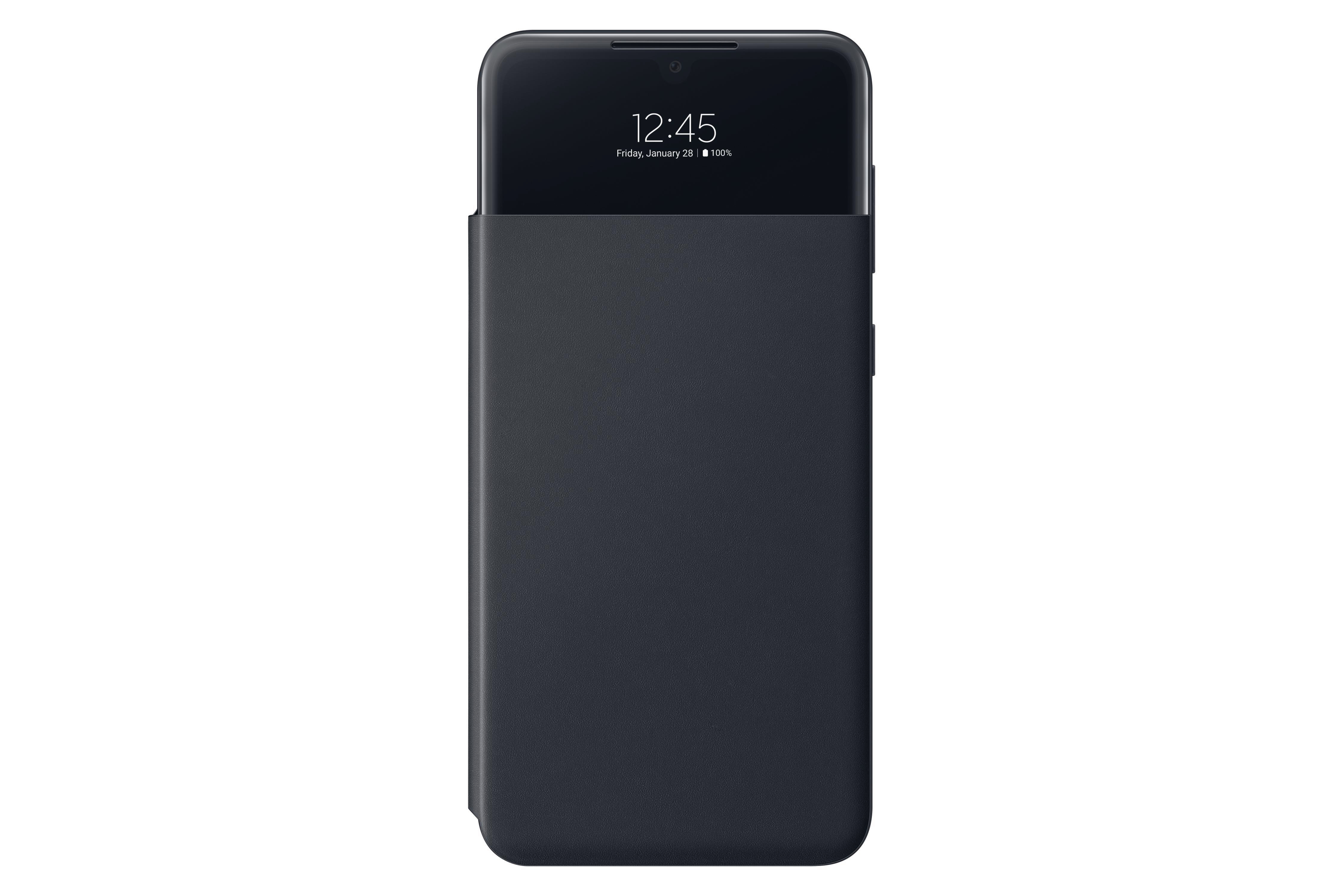 Schwarzes Telefon mit Zeitanzeige. Telefon in einer Hülle.