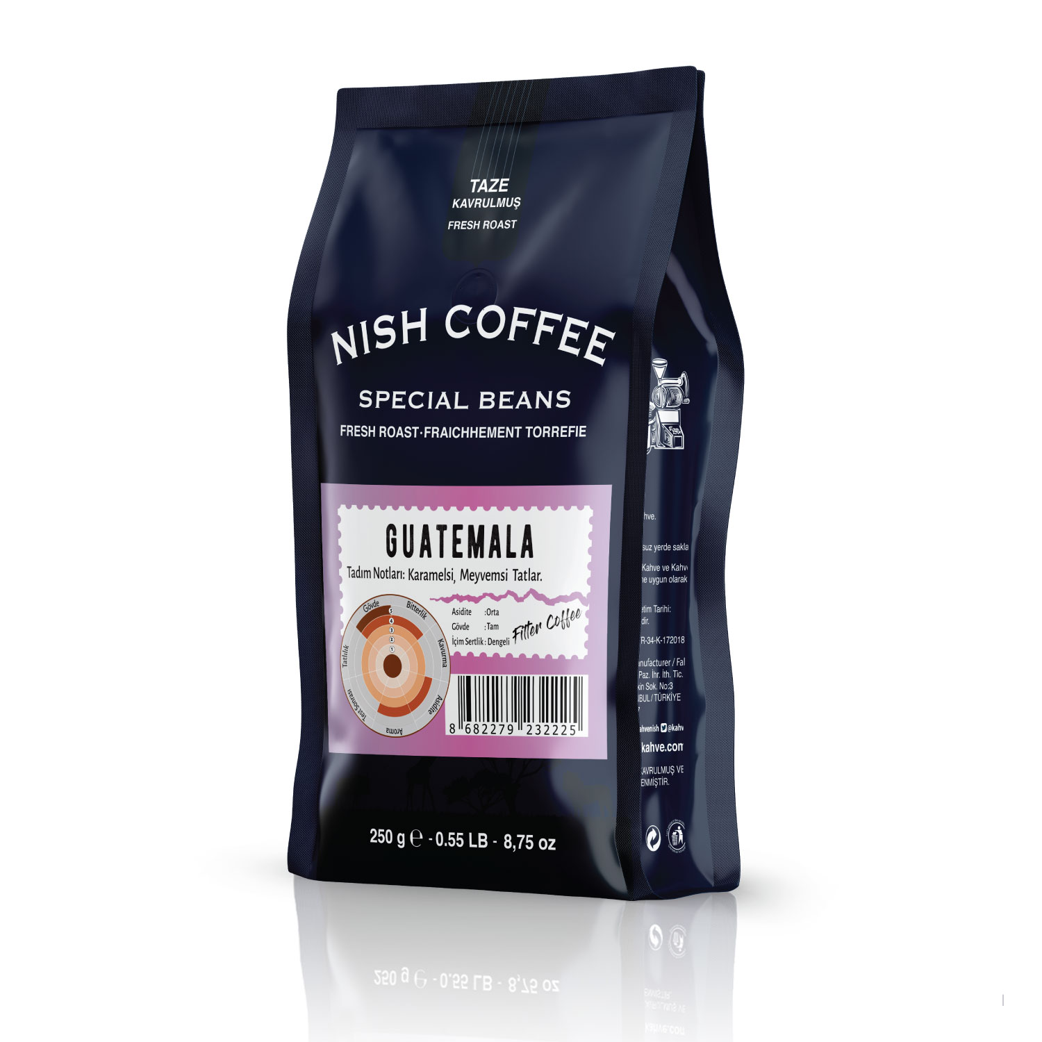 Siyah kahve poşeti, Nish Coffee, Guatemala, kahve çekirdeği detaylarıyla.