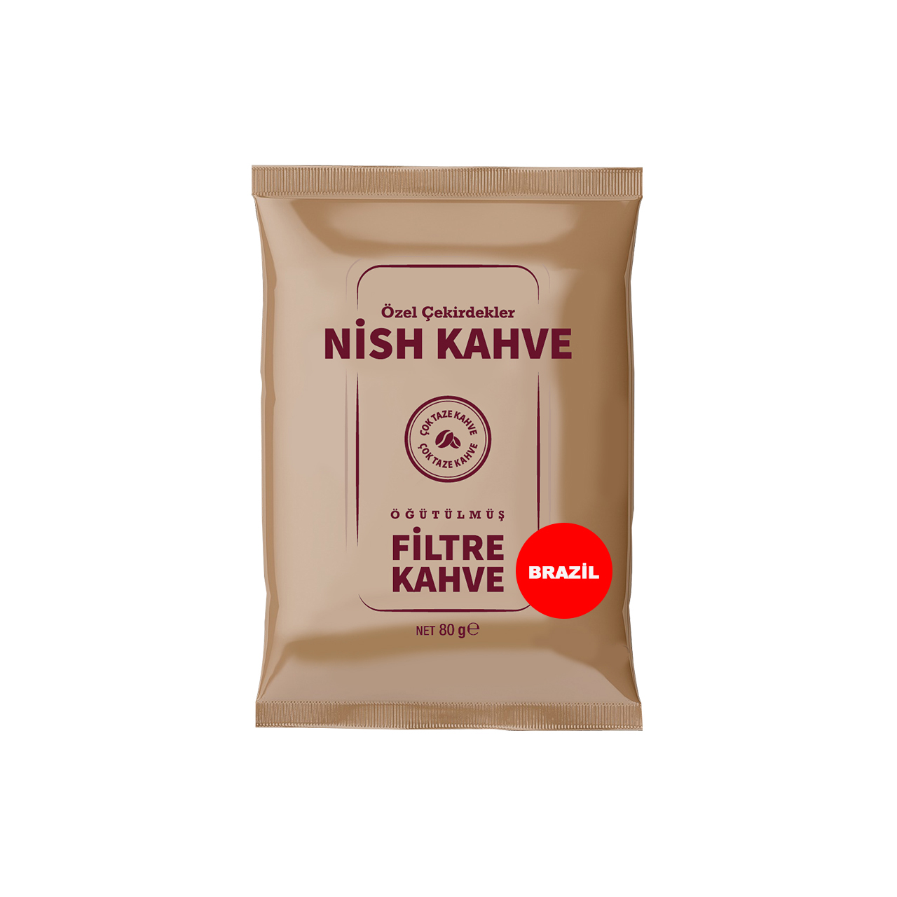 'Nish Kahve' ve 'Brezilya' yazan kahve poşeti.