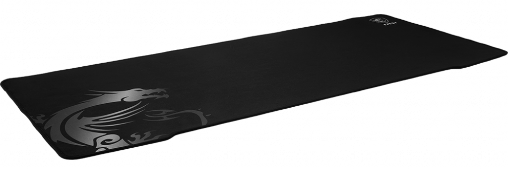 Fekete MSI gamer egérpad sárkány dizájnnal. Szögletes nézet, fekete háttér.