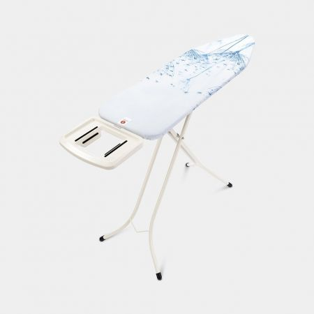 An ironing board with a floral design. It has a side tray and white legs. The background is plain white.