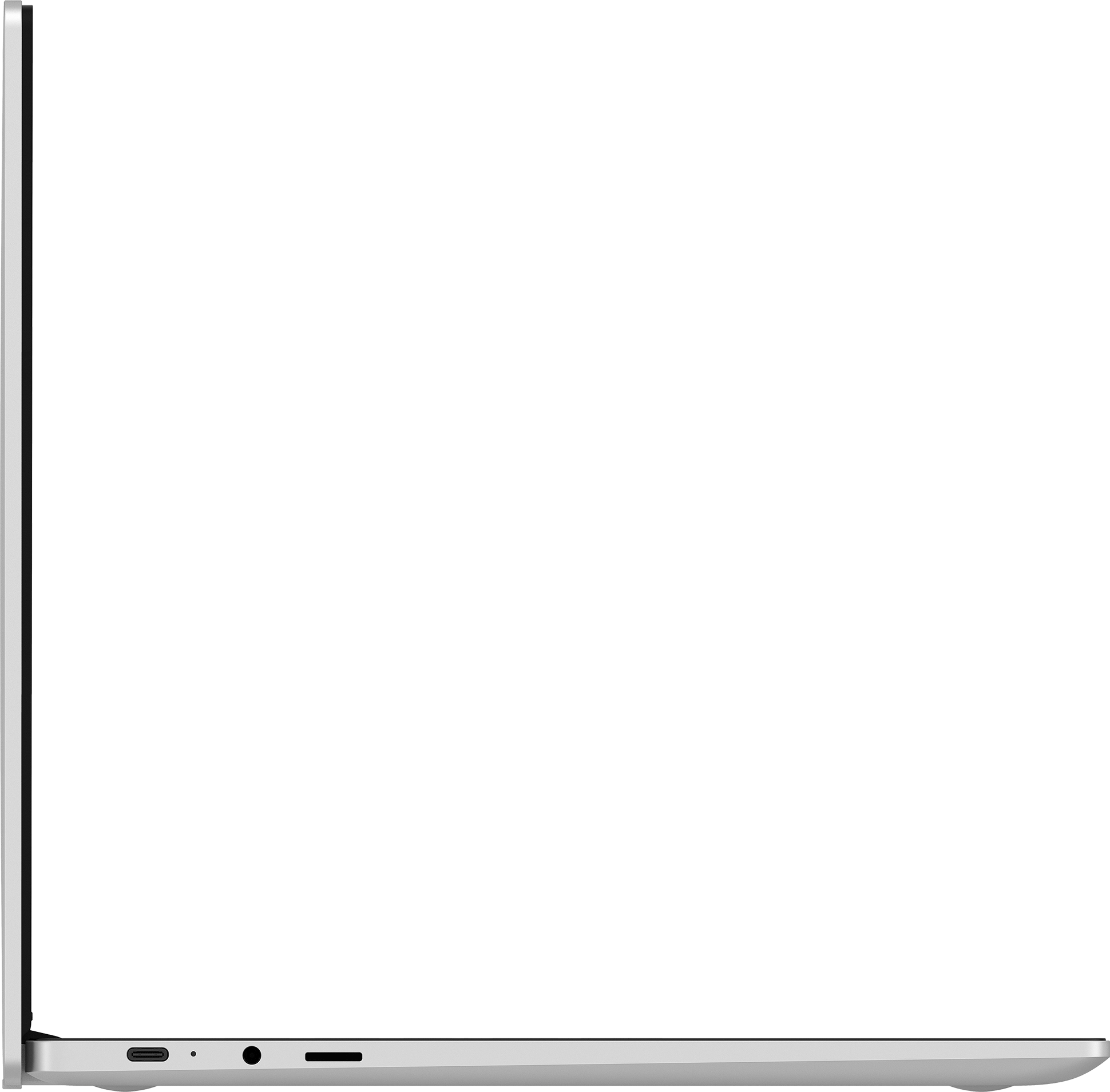 Zilver profiel laptop met USB-C, koptelefoonaansluiting en SD-kaartsleuf.