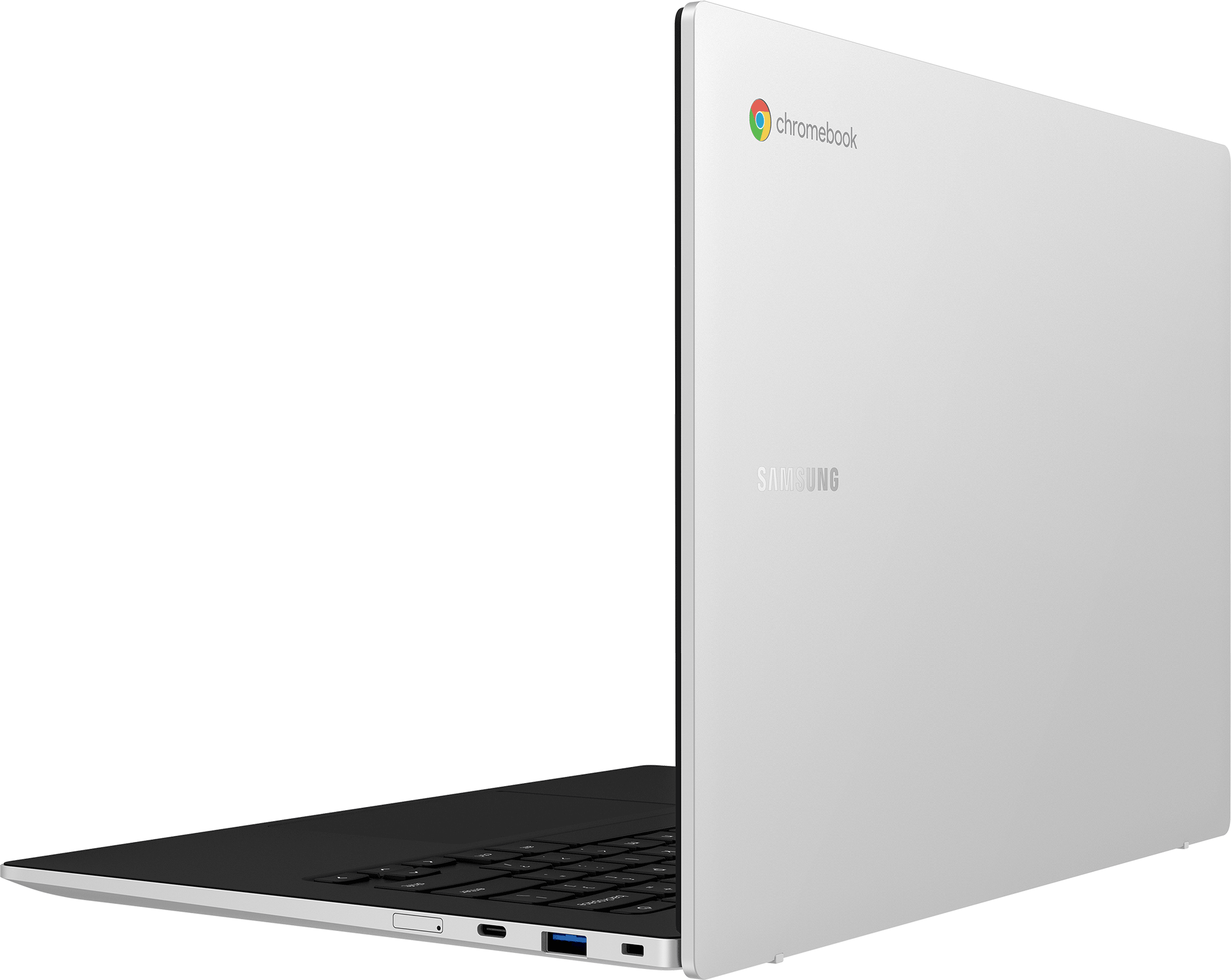 Een witte Samsung Chromebook laptop in profiel, met zichtbaar toetsenbord en poorten.