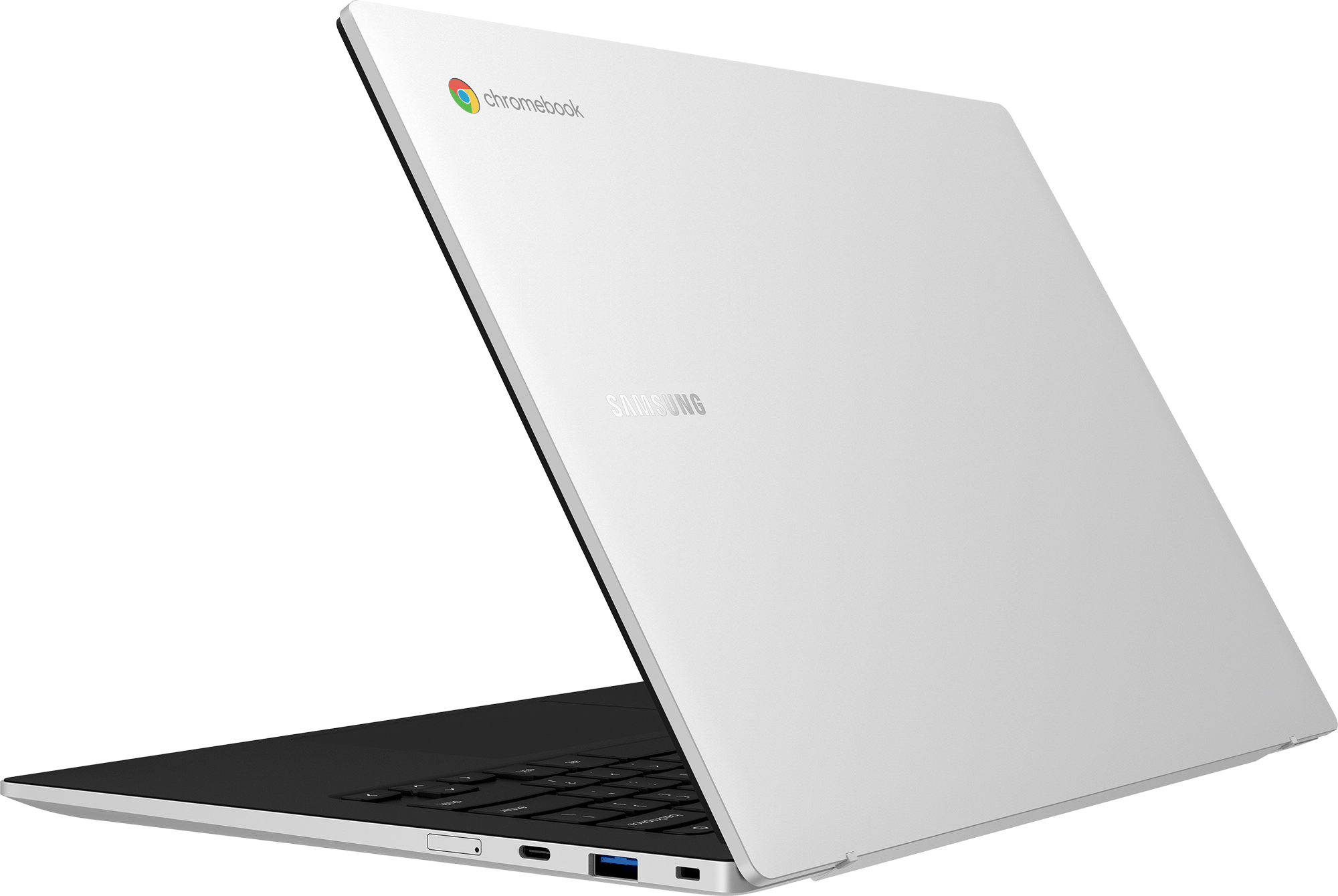 Een witte Samsung Chromebook is open, met een zwart toetsenbord en poorten.