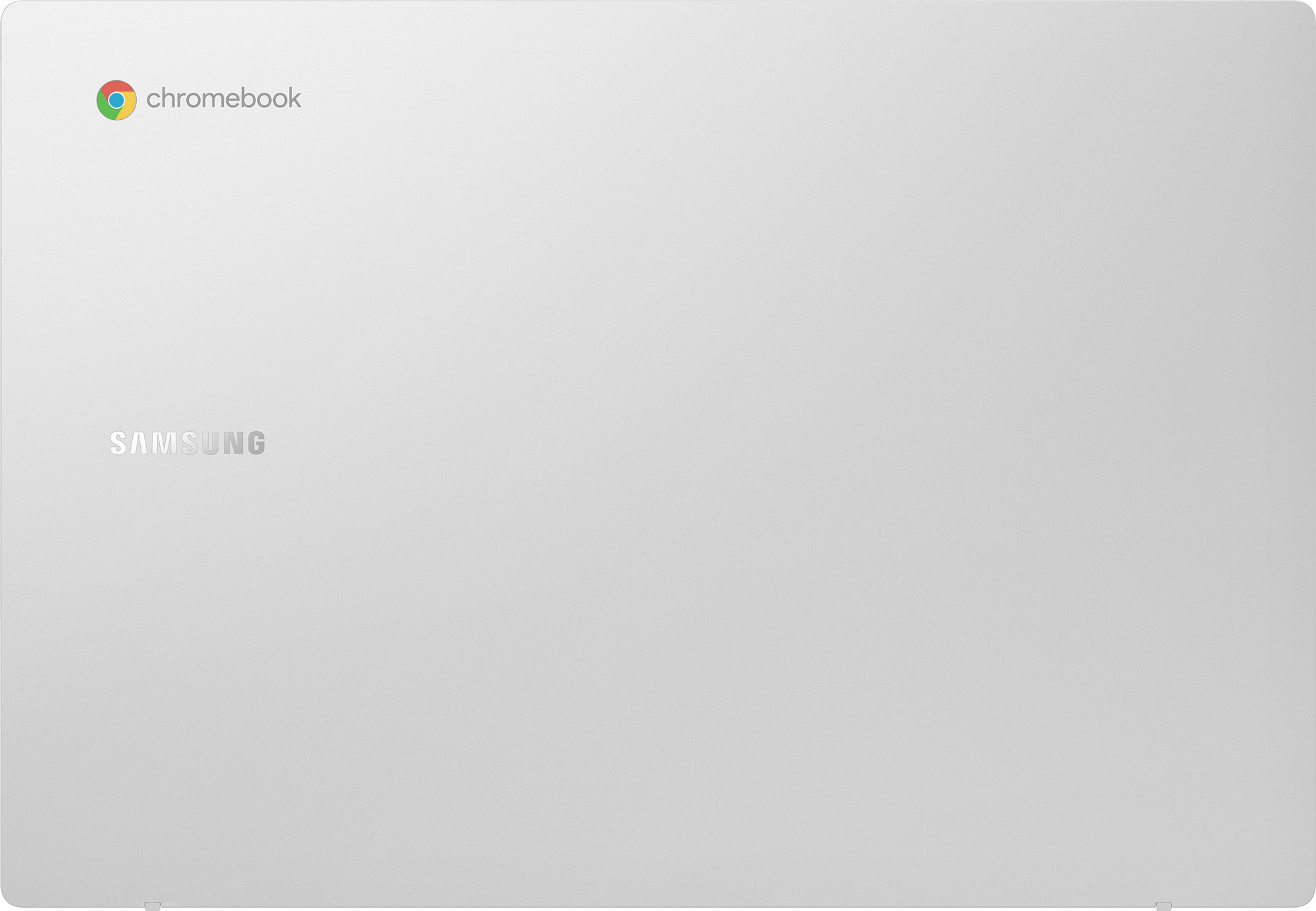 Zilveren Samsung Chromebook met logo's linksboven.