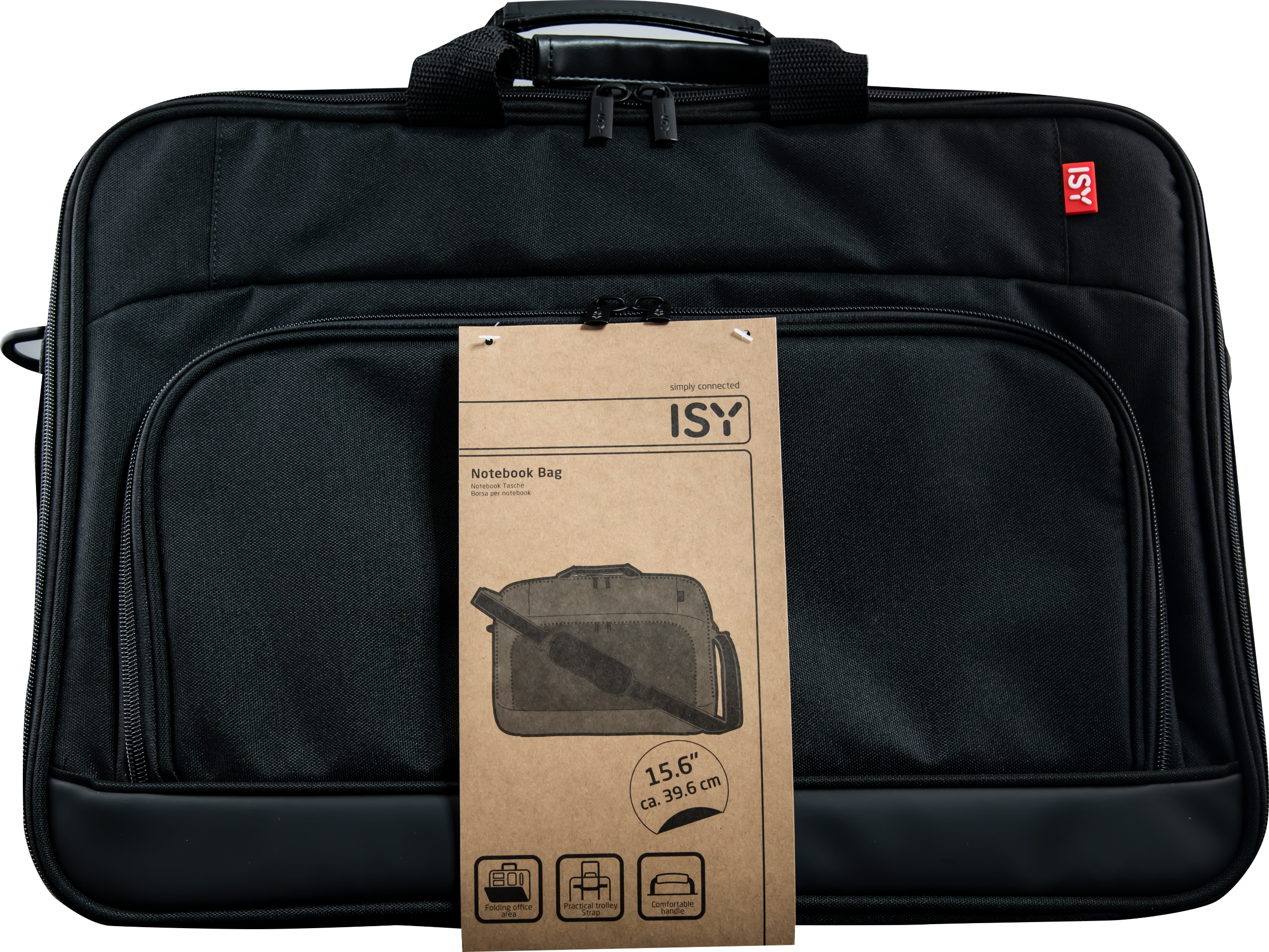 Schwarze ISY Notebook-Tasche mit Anhänger. Der Anhänger zeigt das Bild der Tasche und Größeninformationen.