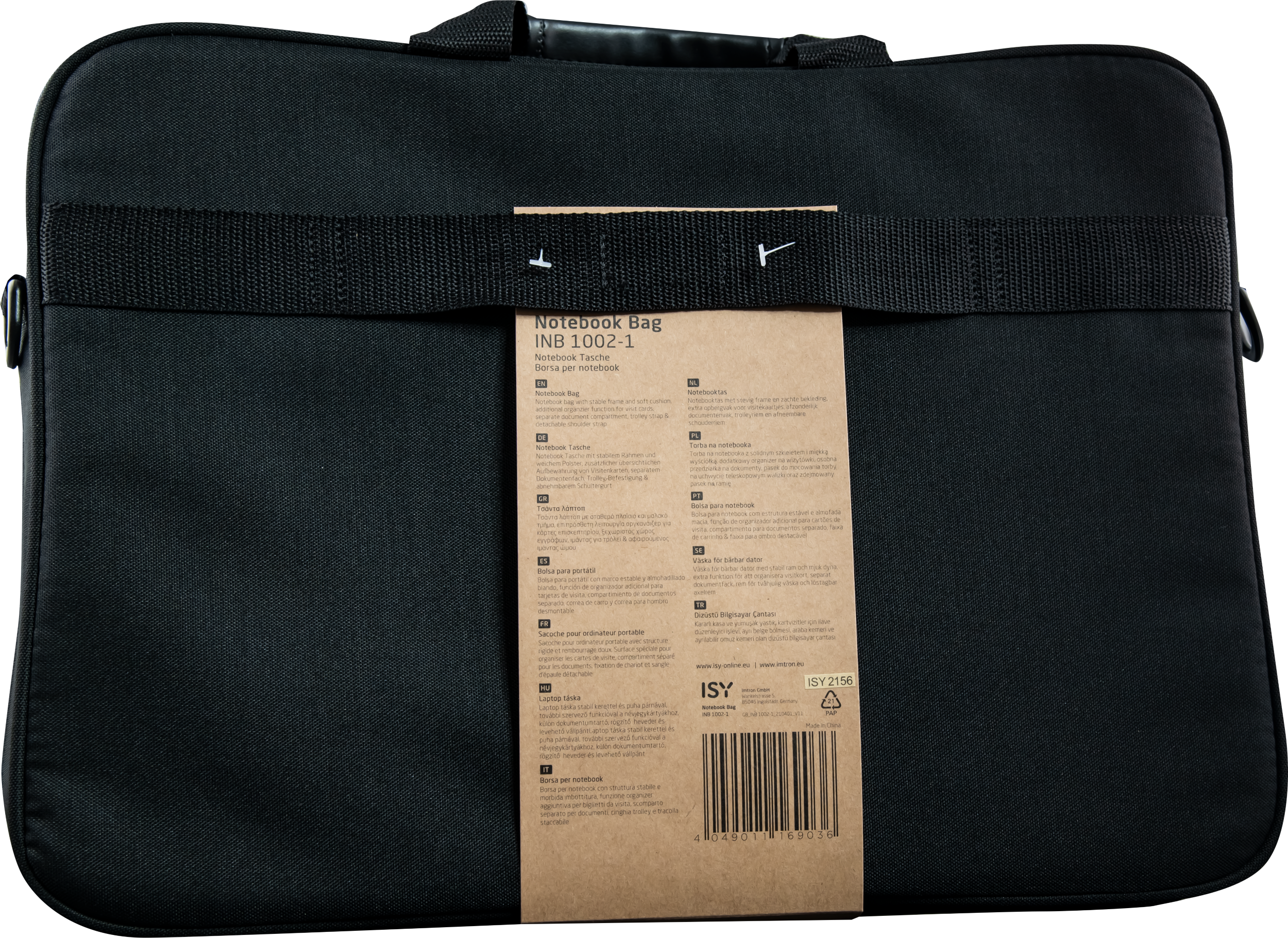 Schwarze Laptoptasche mit Etikett, platziert auf schwarzem Hintergrund.