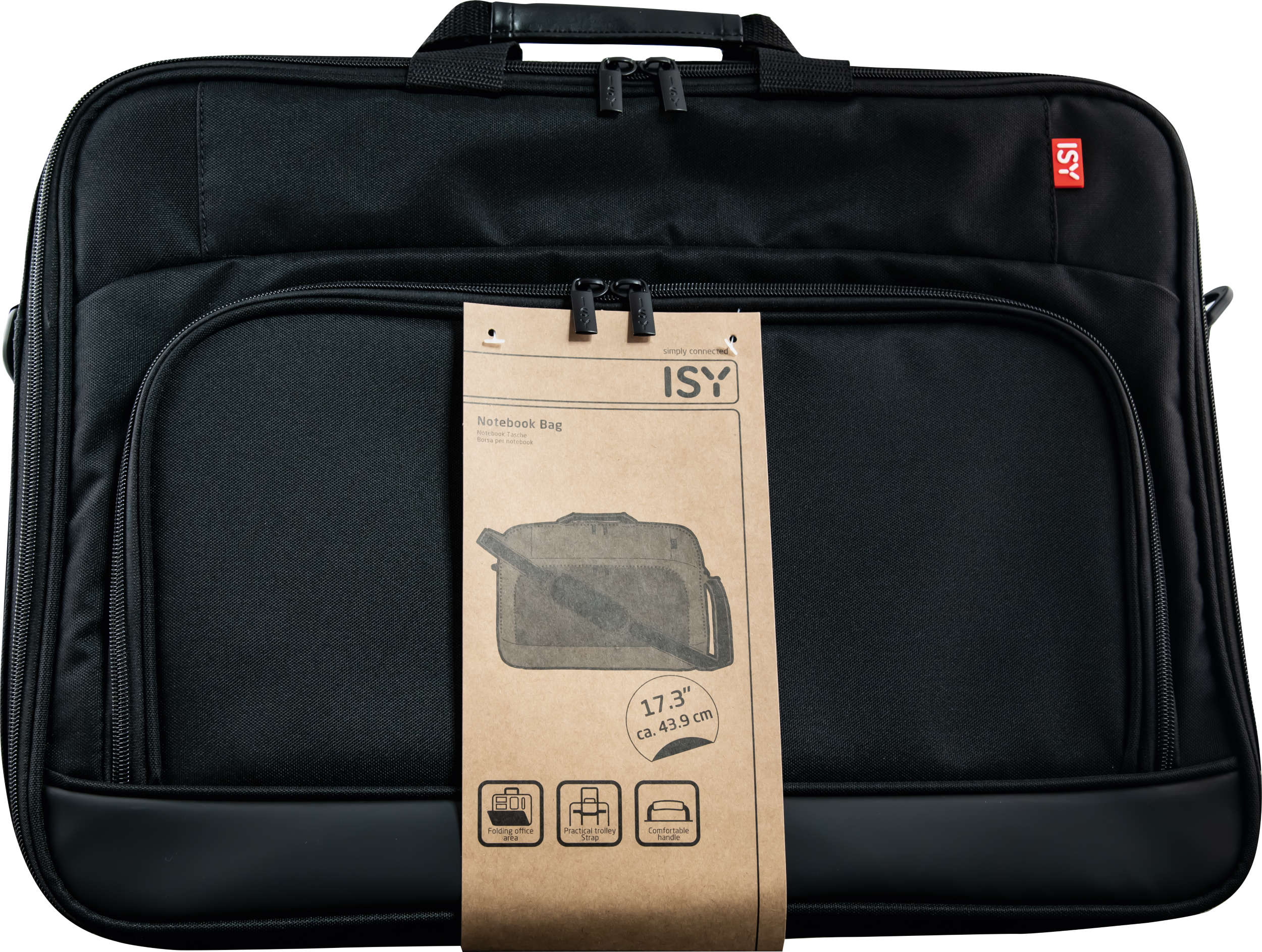 Schwarze Laptoptasche mit Anhänger. Der Anhänger zeigt eine Skizze der Tasche und Text zum Produkt.