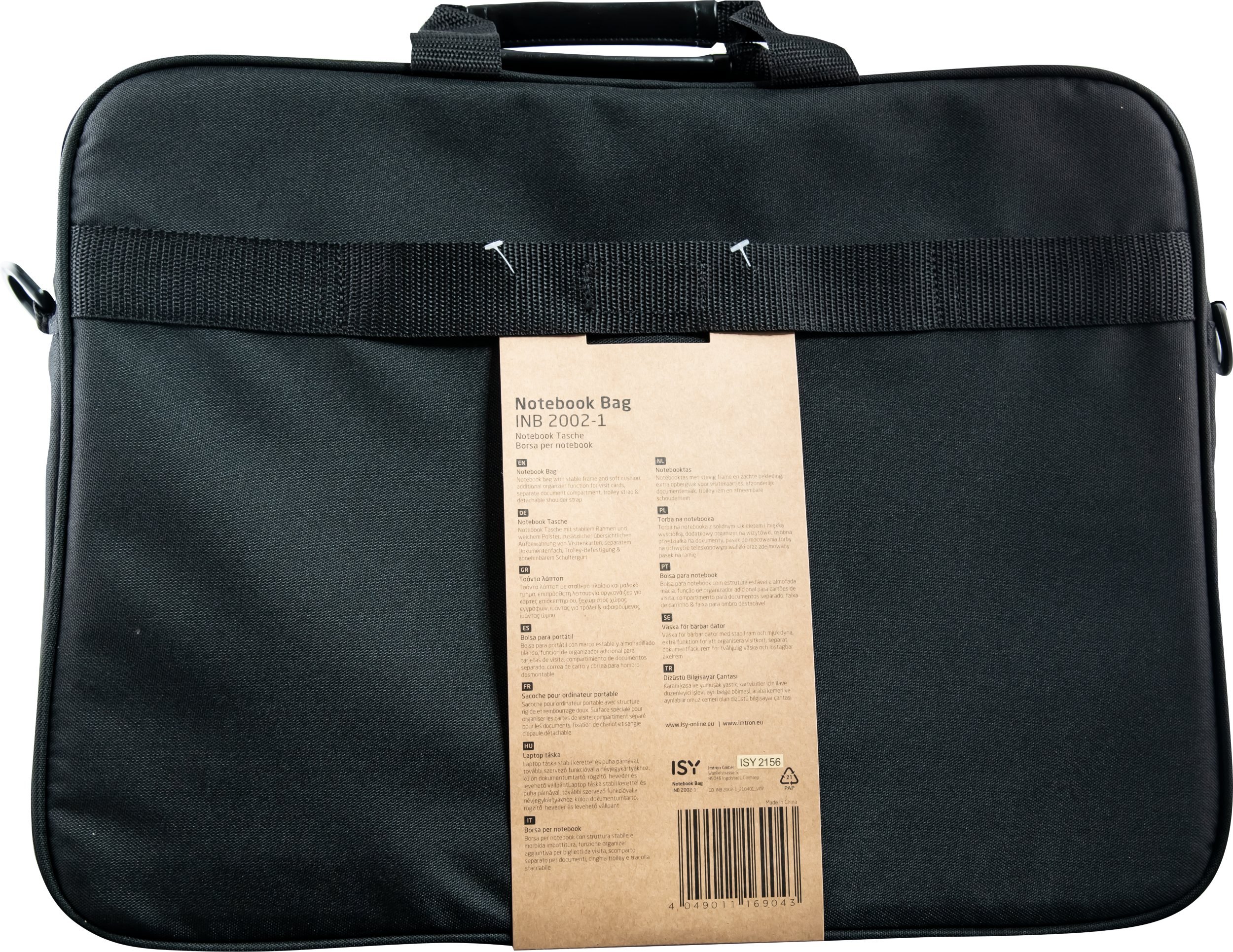 Schwarze Laptoptasche mit Anhänger. Die Tasche hat einen Riemen und einen Griff.