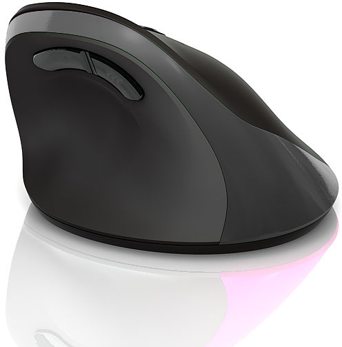 Eine schwarze und graue ergonomische Computermaus, die sich auf einer weißen Oberfläche spiegelt.