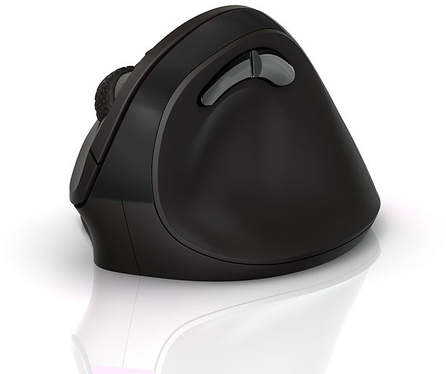 Schwarze ergonomische Maus mit Tasten und Scrollrad. Weißer Hintergrund.