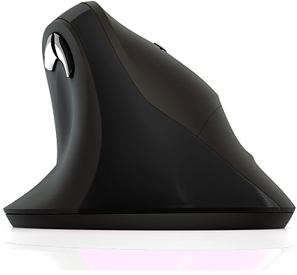 Vertikale ergonomische schwarze Computermaus. Weißer Hintergrund.