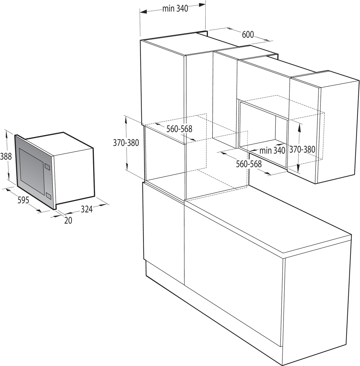 Konyhaszekrények és mikrohullámú sütő diagramja. Megmutatja a méreteket és az elrendezést.