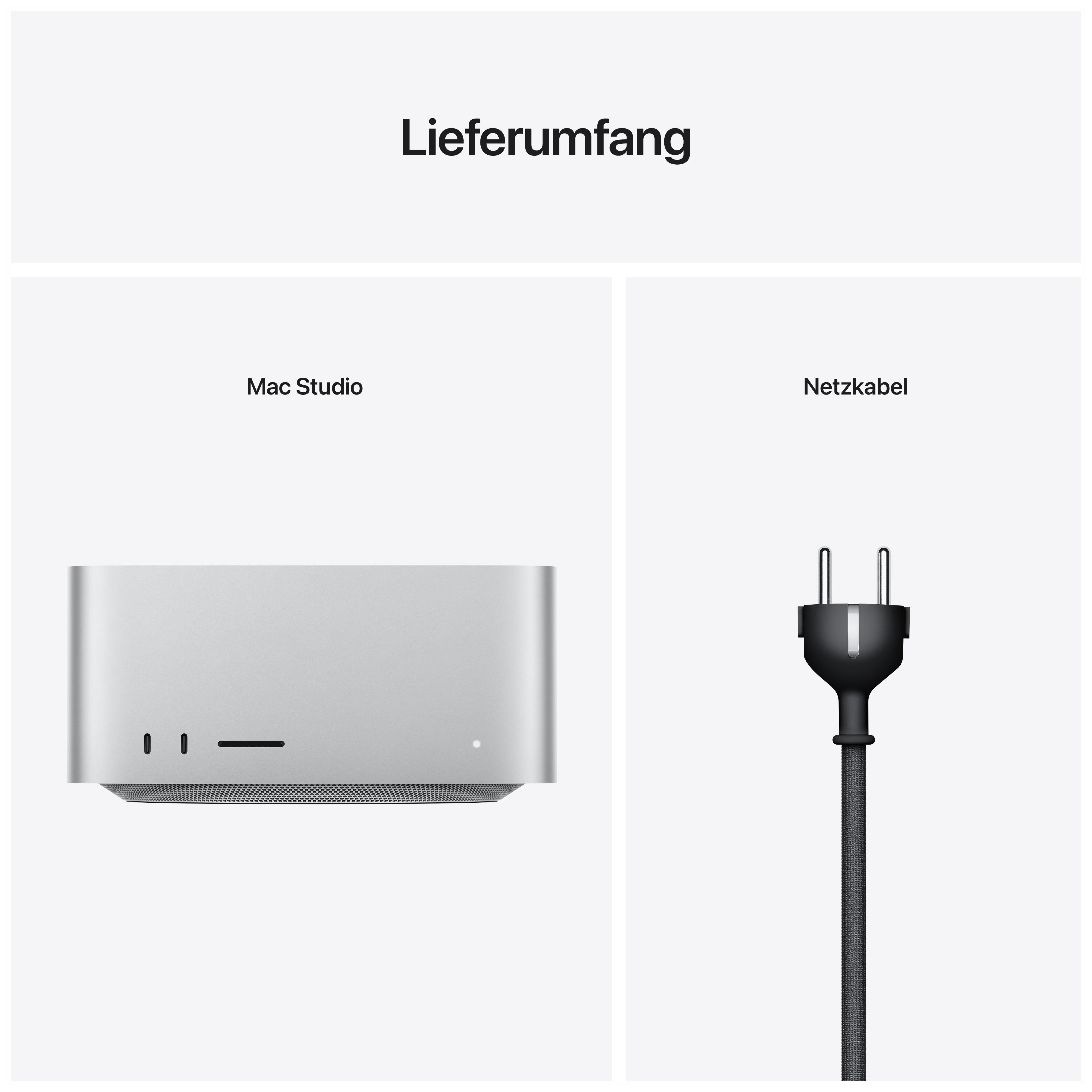 Ein Mac Studio Computer und ein Netzkabel, auf weißem Hintergrund, beschriftet mit 'Lieferumfang'.