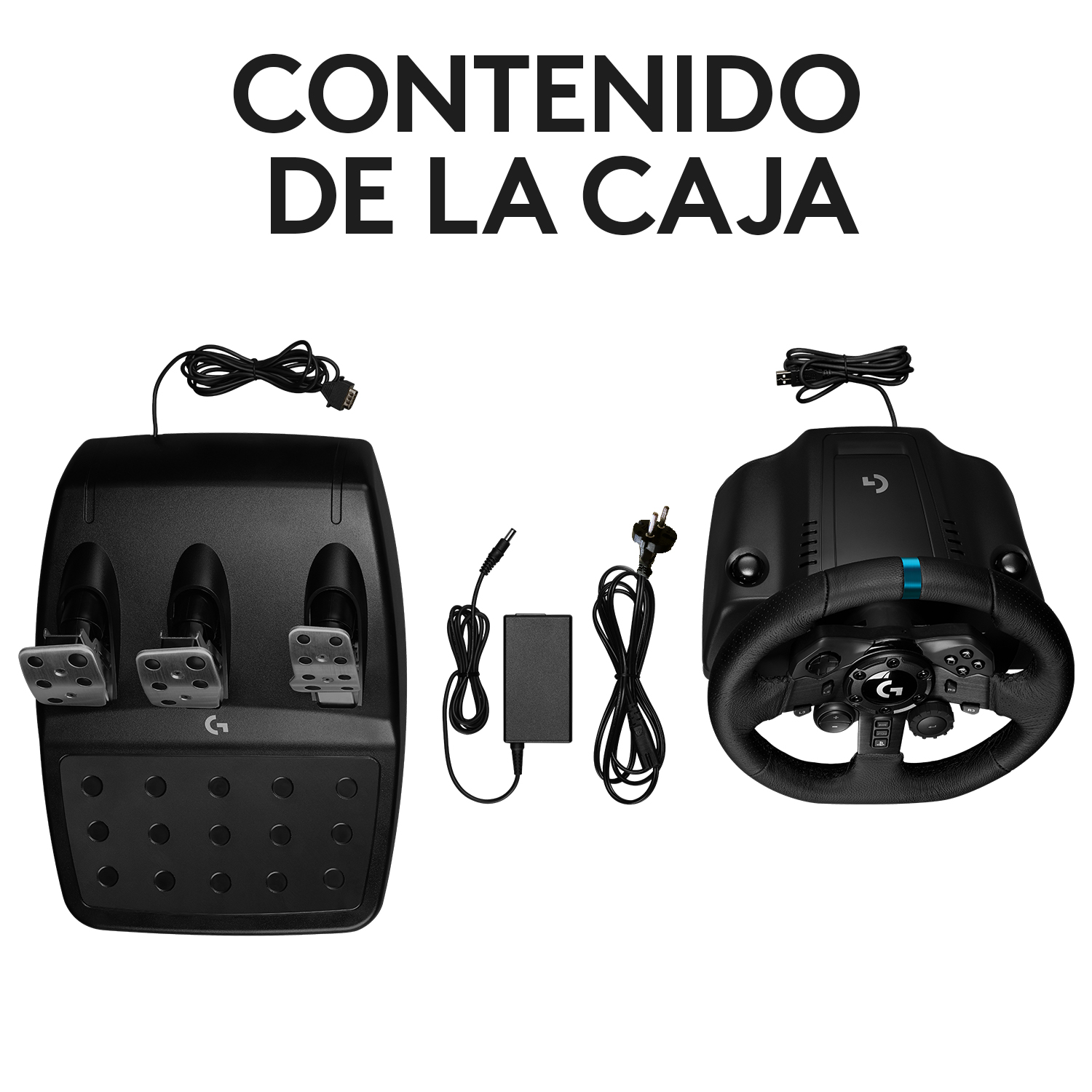 Volante y juego de pedales para juegos. Negro, con adaptador de corriente y cables. Fondo blanco.