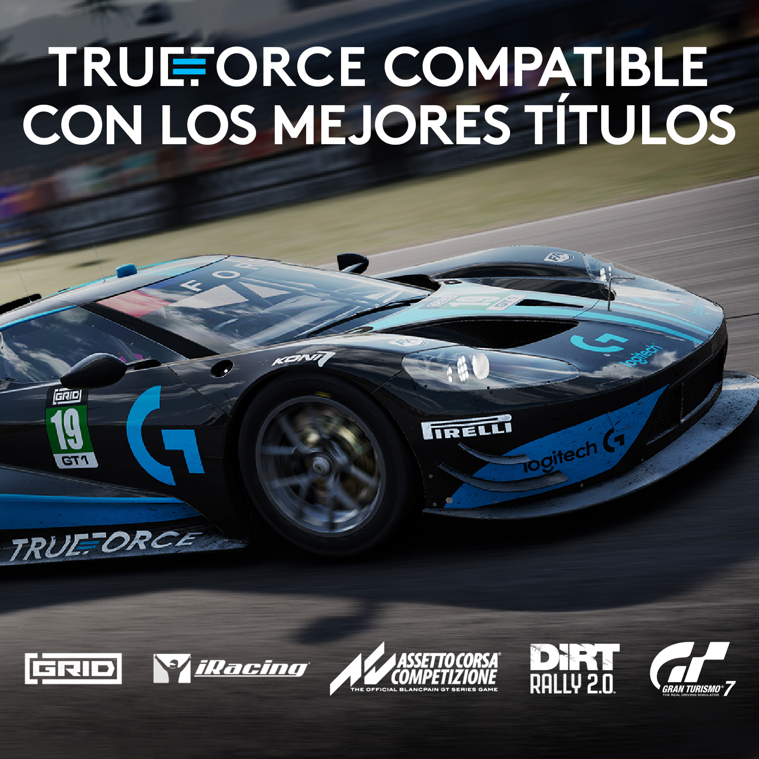 Coche de carreras con texto. Logotipos de plataformas de juegos como Grid, iRacing, Assetto Corsa, Dirt Rally.