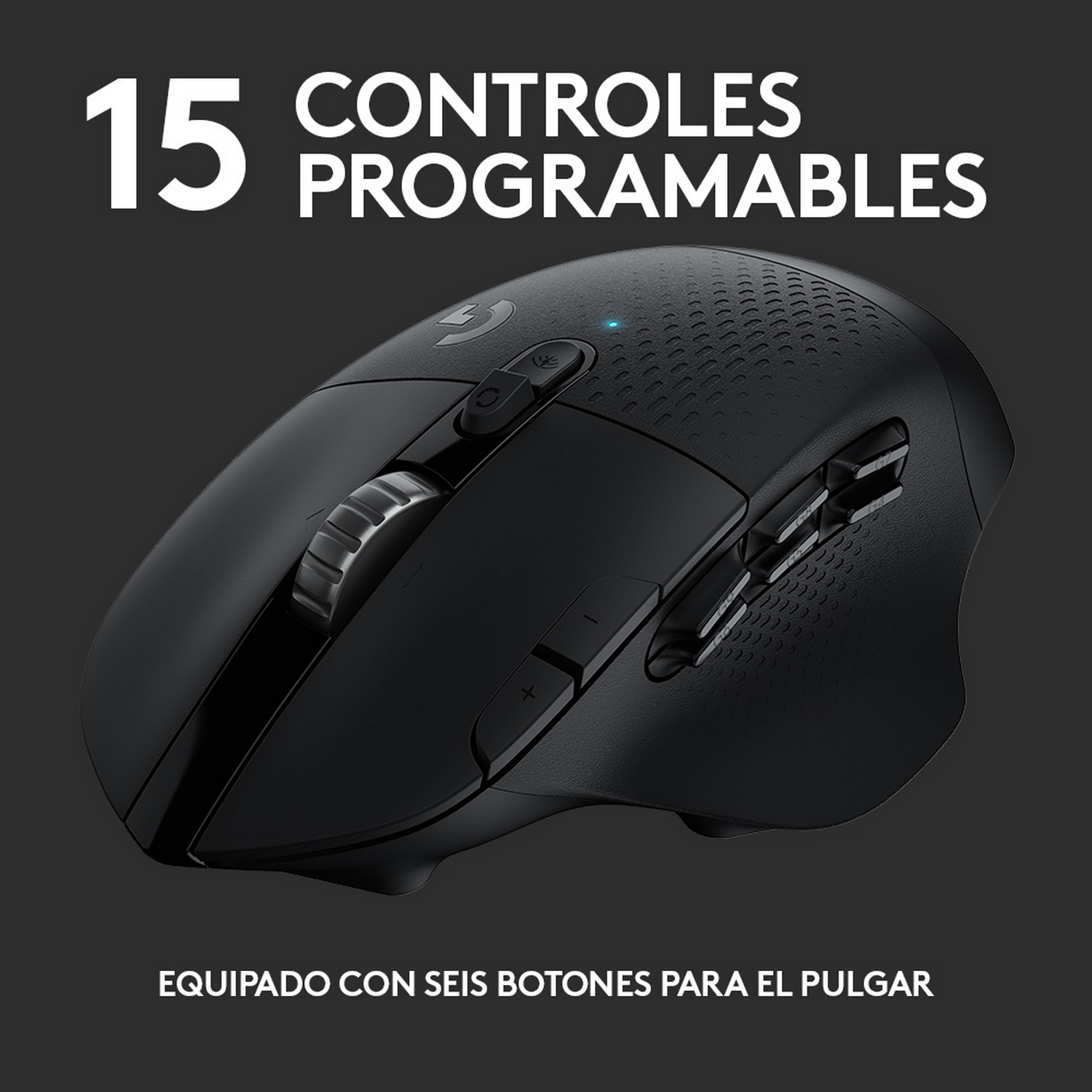 Ratón gaming negro con múltiples botones y texto: "15 Controles Programables".