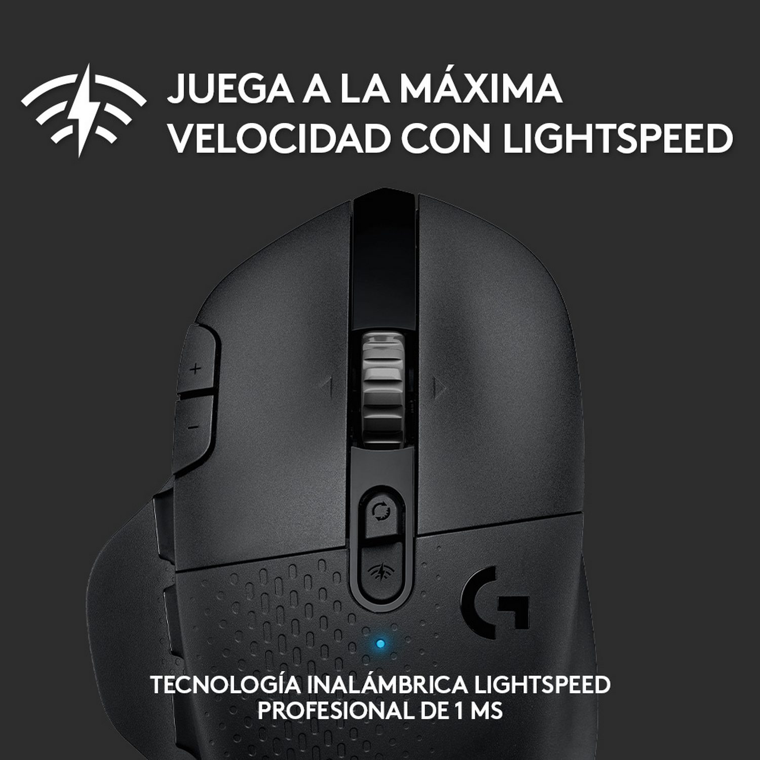 Ratón negro con texto, sobre superficie negra, con luz azul.