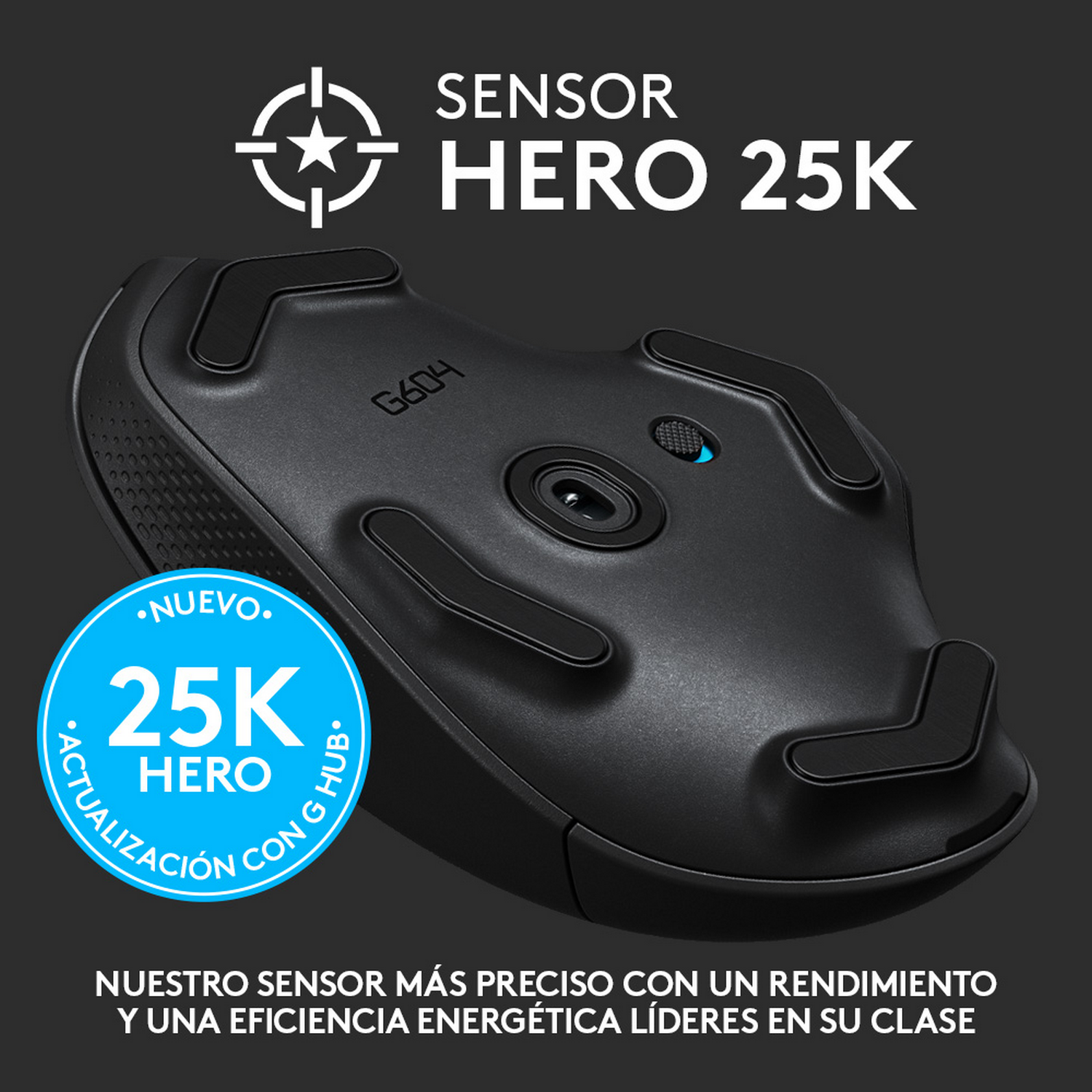 Ratón gaming negro con el texto 'SENSOR HERO 25K' y '25K HERO' sobre fondo negro.