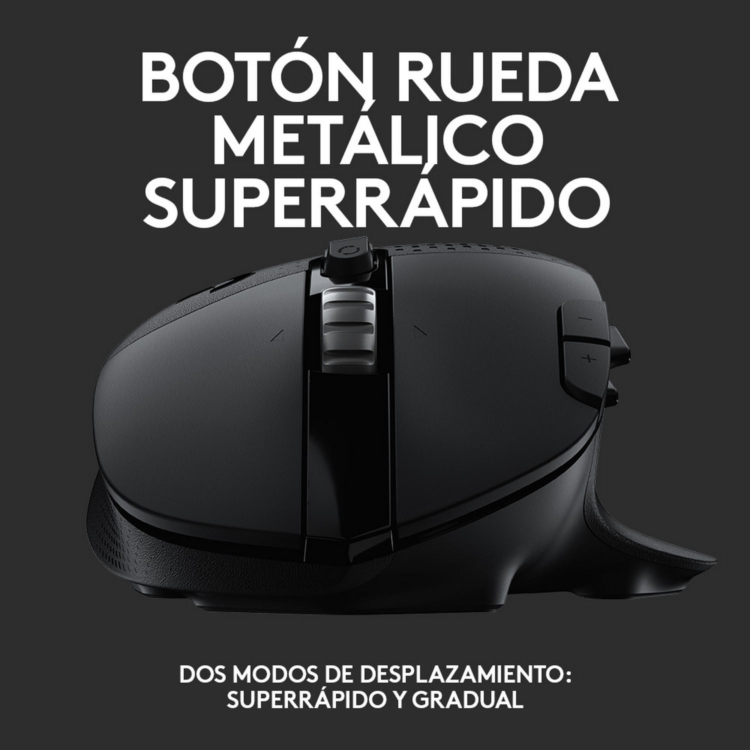 Ratón negro con rueda de desplazamiento y texto en español.