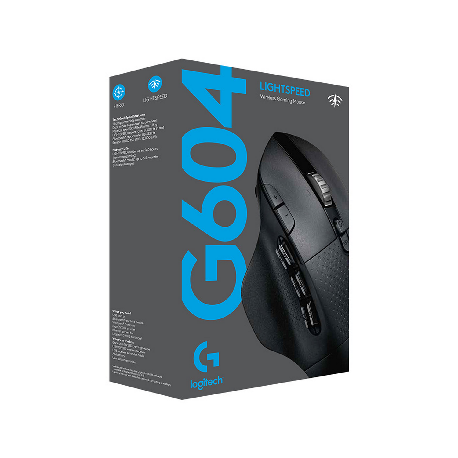 Caja del ratón para juegos Logitech G604. El ratón negro se muestra en la caja. Hay texto e iconos.