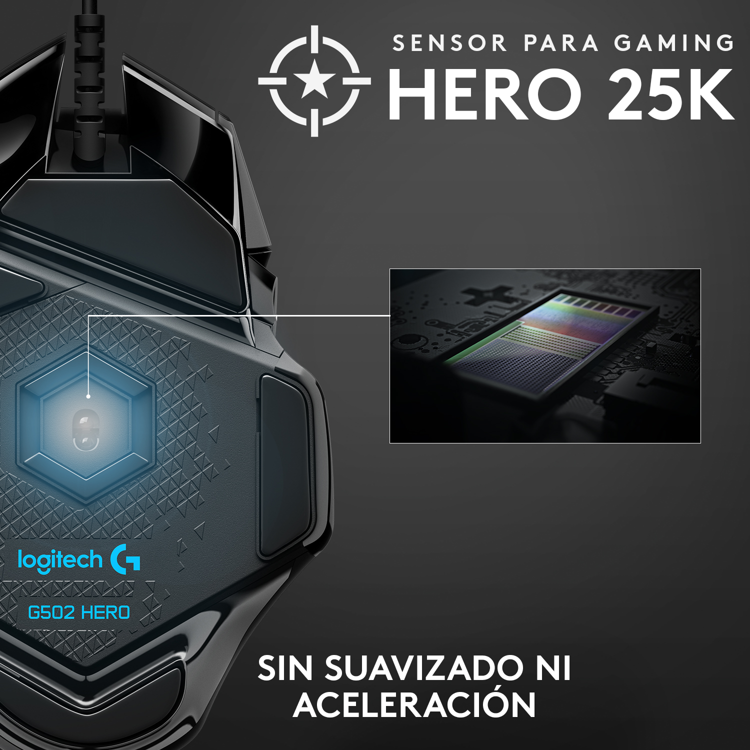 Ratón gaming negro con sensor HERO 25K, agarre texturizado. Text: HERO 25K y SIN SUAVIZADO NI ACELERACIÓN.