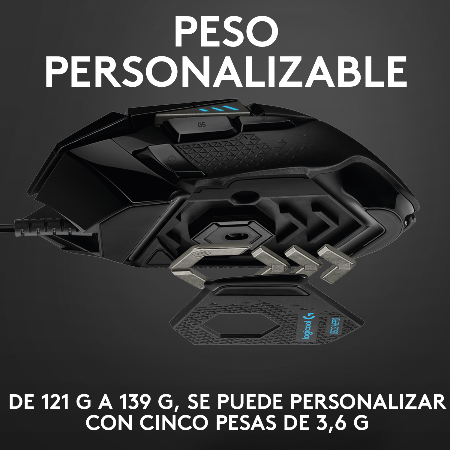 Ratón gaming negro con peso personalizable. Peso ajustable con cinco pesas de 3,6g.